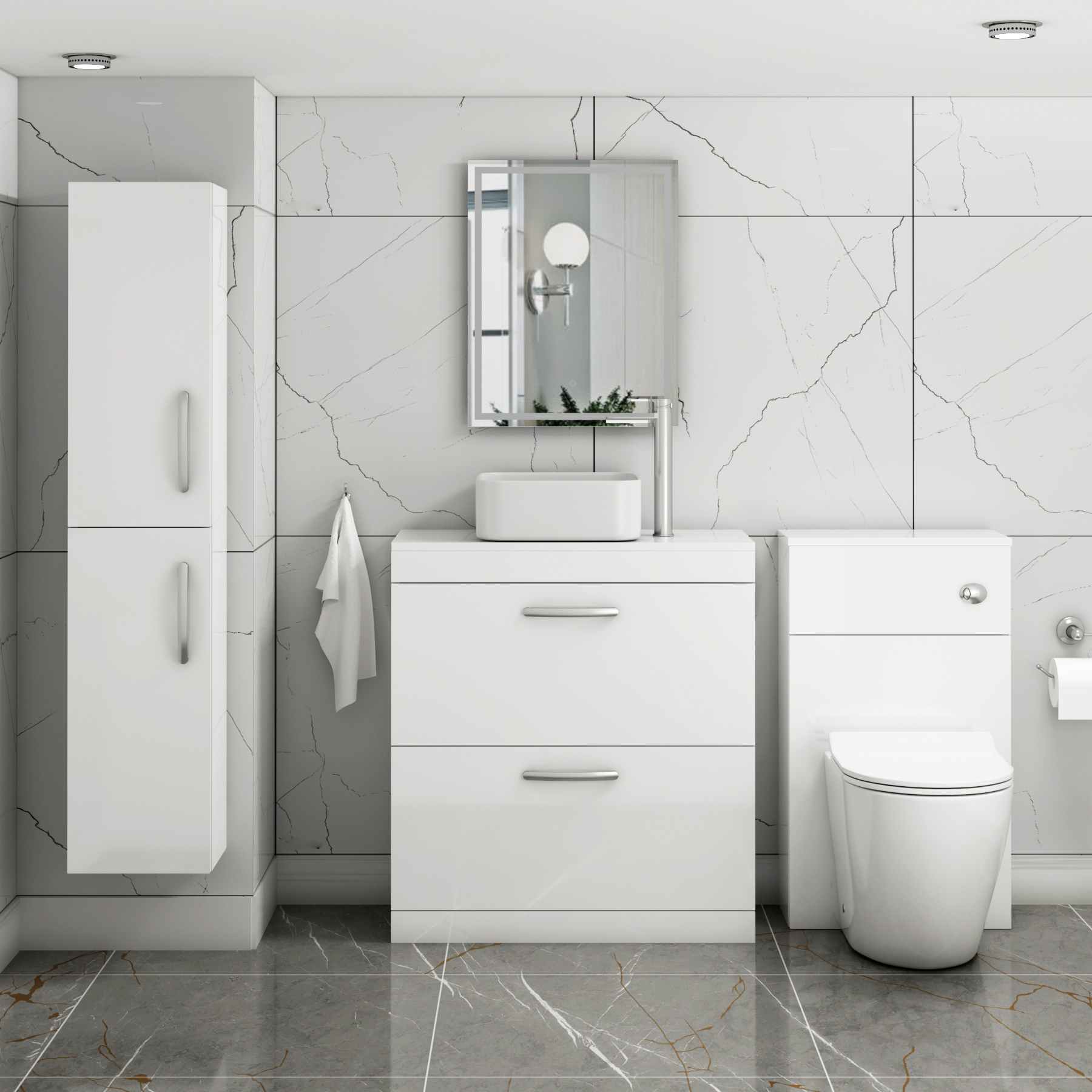 800mm Floor Standing Vanity Unit 2 Drawer Gloss White & Countertop Basin - Elena