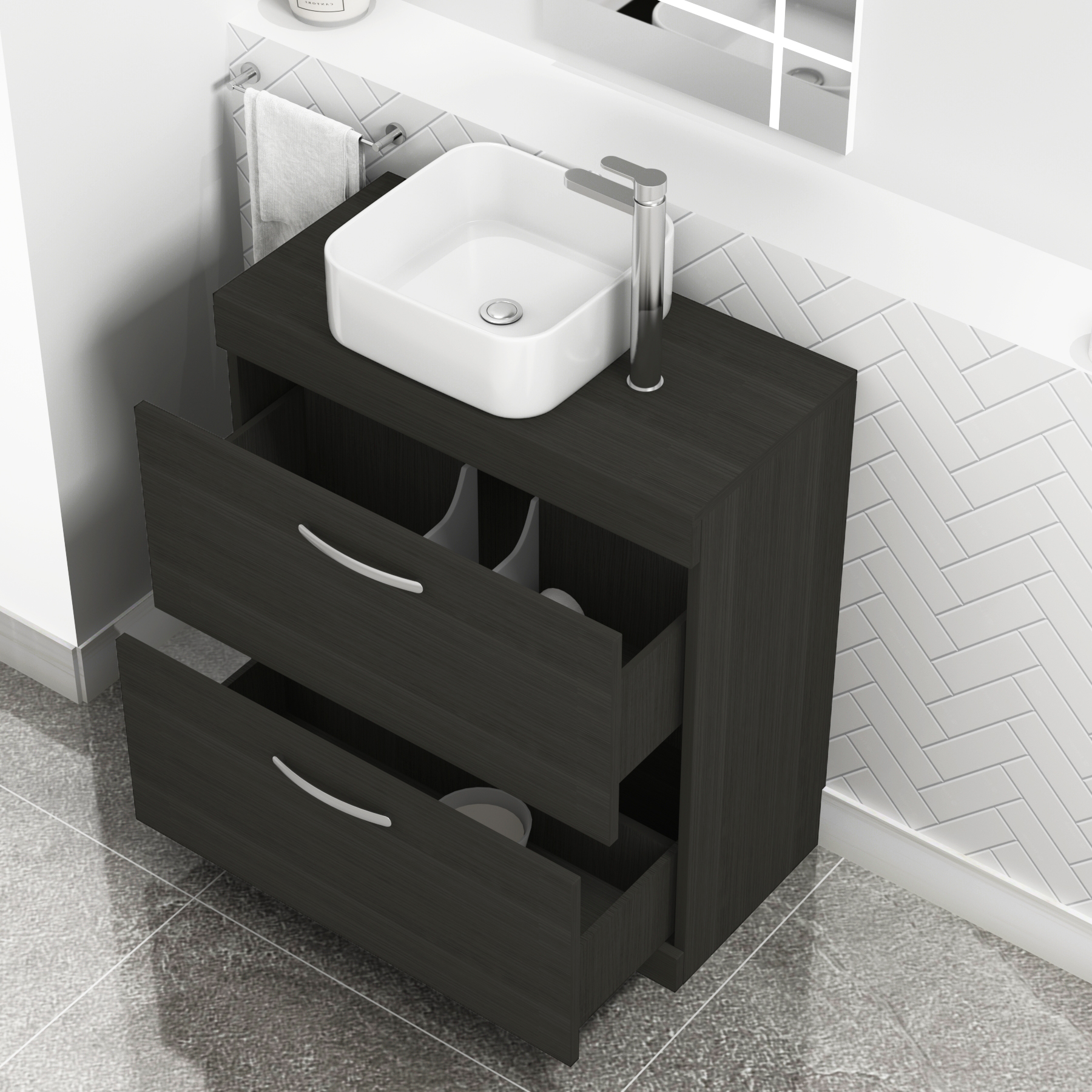 800mm Floor Standing Vanity Unit 2 Drawer Hale Black & Countertop Basin - Elena