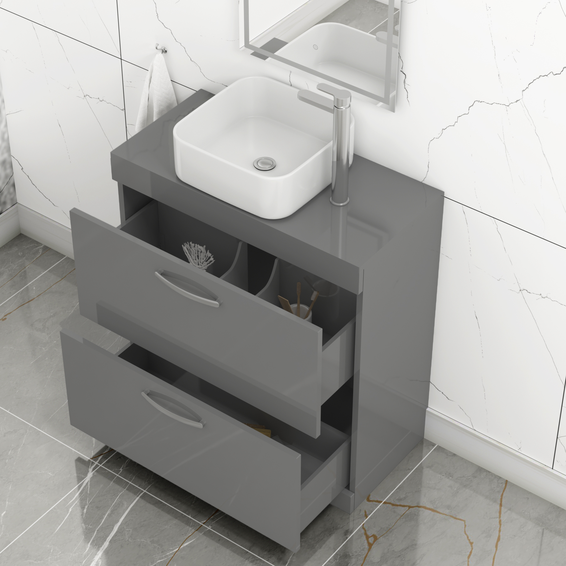 800mm Floor Standing Vanity Unit 2 Drawer Indigo Grey Gloss & Countertop Basin - Elena