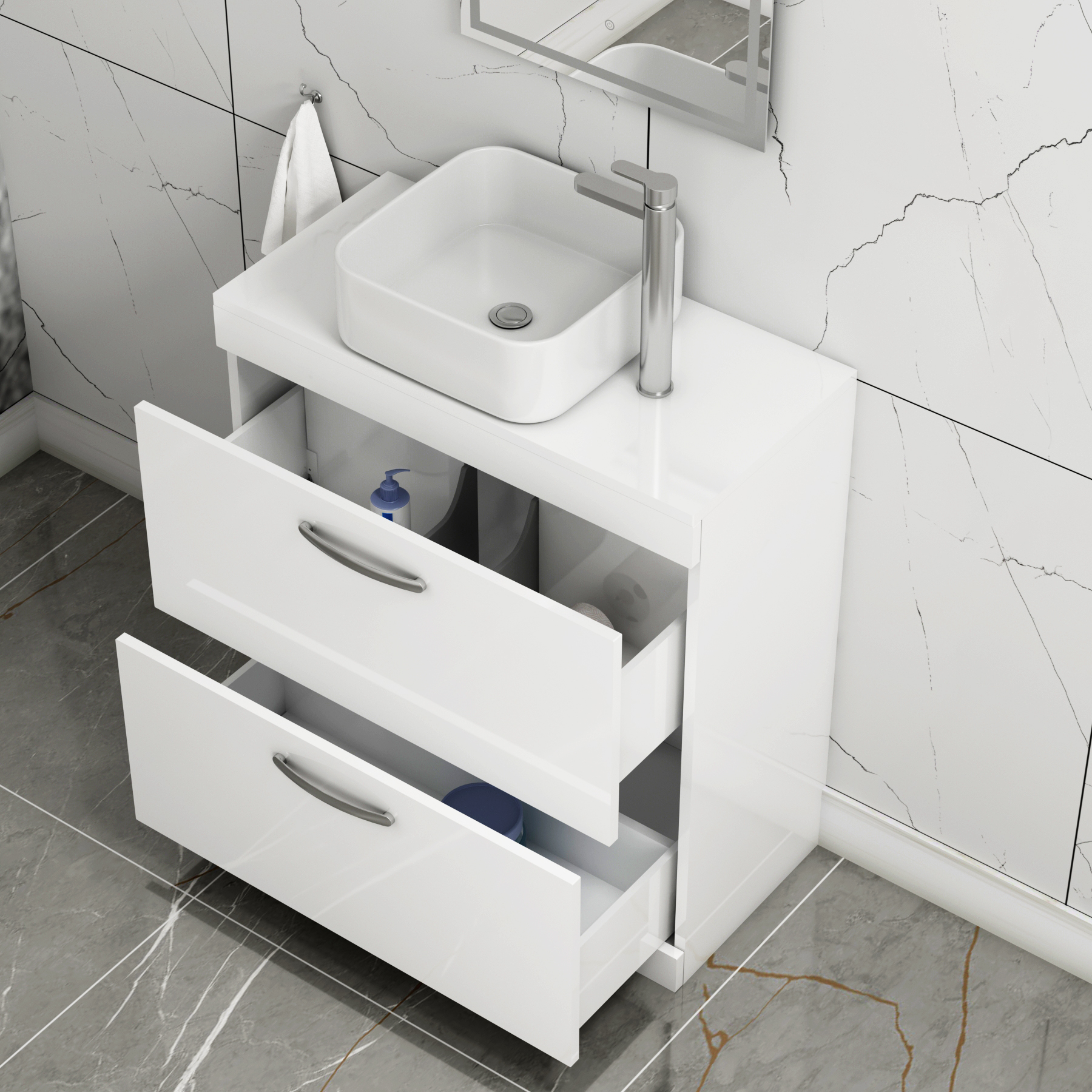 800mm Floor Standing Vanity Unit 2 Drawer Gloss White & Countertop Basin - Elena