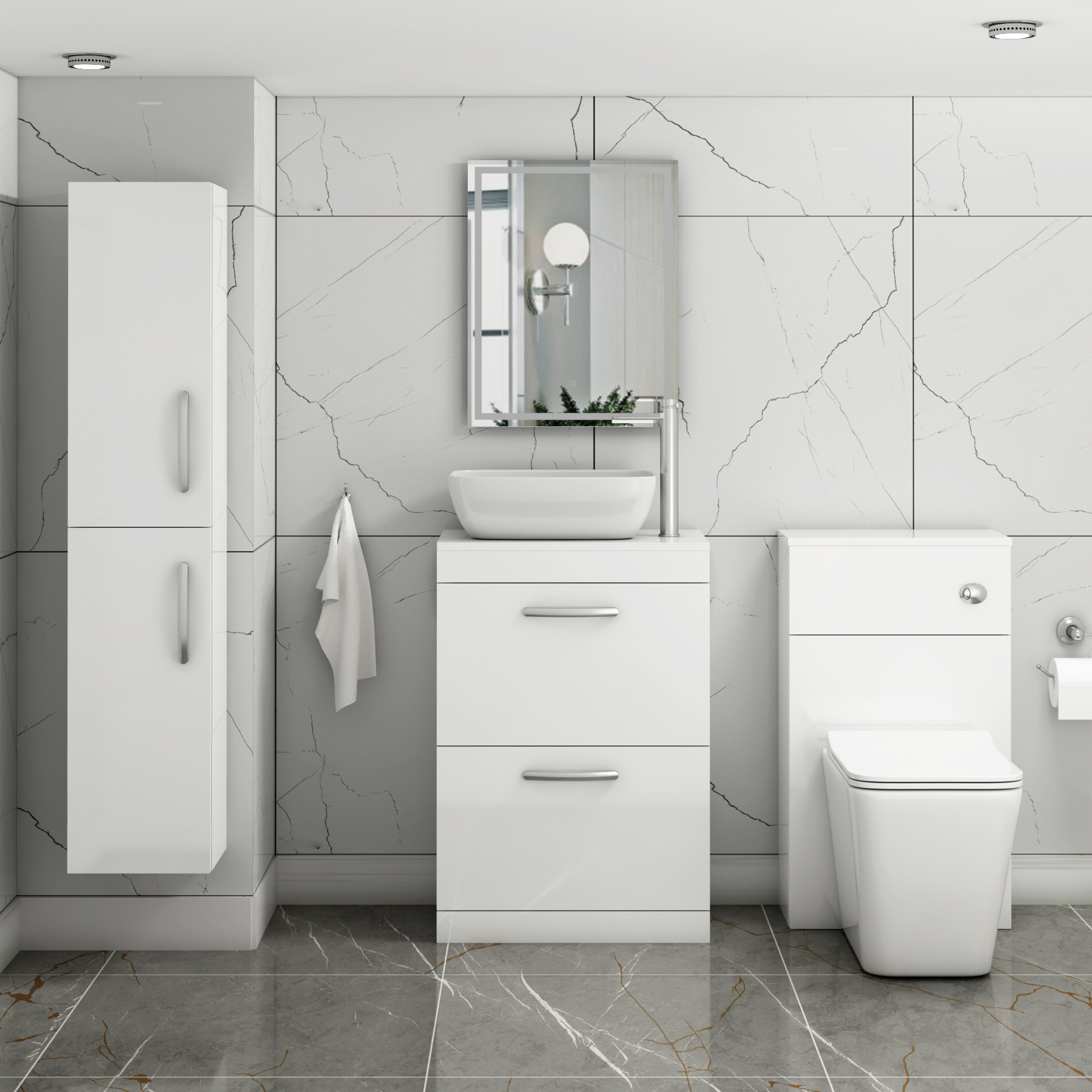 600mm Floor Standing Vanity Unit 2 Drawer Gloss White & Countertop Basin - Elva