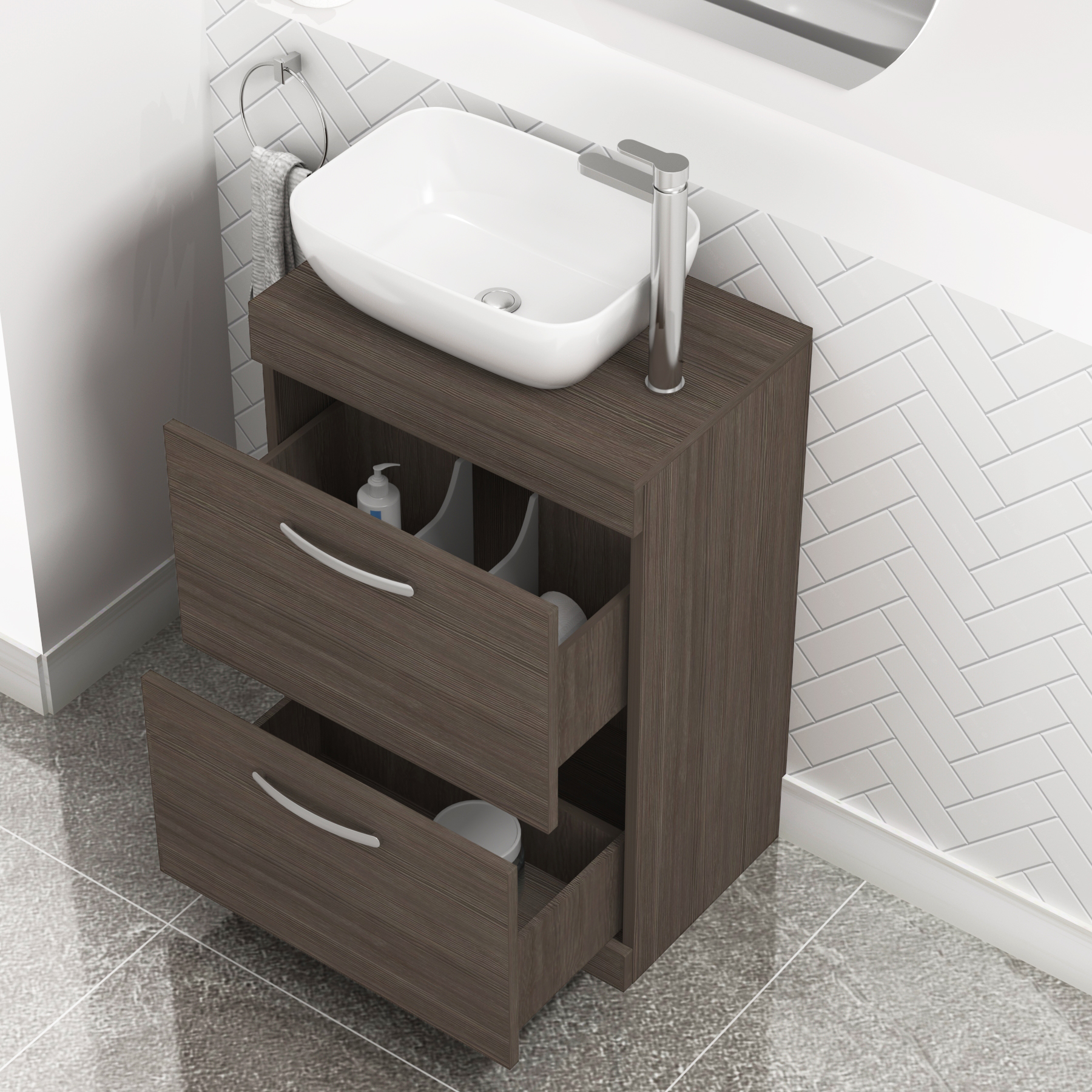 600mm Grey Elm 2 Drawer Free Standing Bathroom Vanity Unit with Basin ...