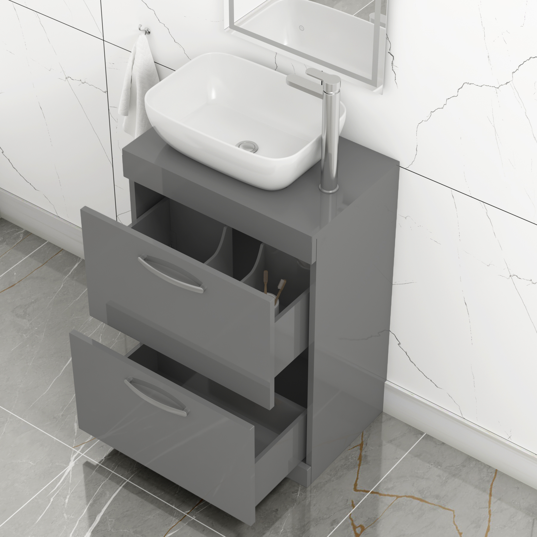 600mm Floor Standing Vanity Unit 2 Drawer Indigo Grey Gloss & Countertop Basin - Elva