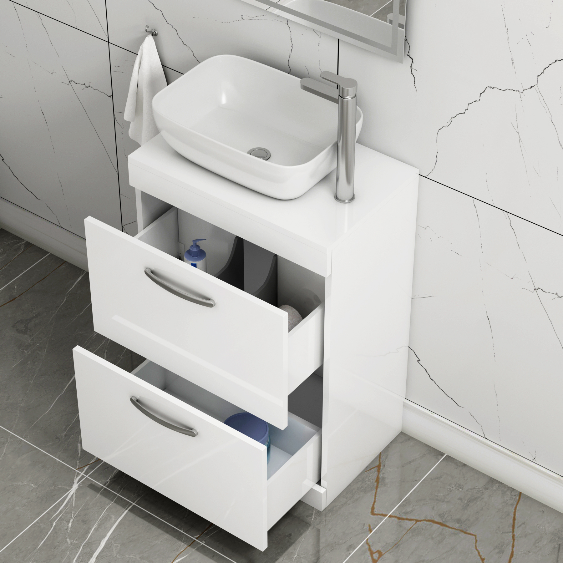 600mm Floor Standing Vanity Unit 2 Drawer Gloss White & Countertop Basin - Elva
