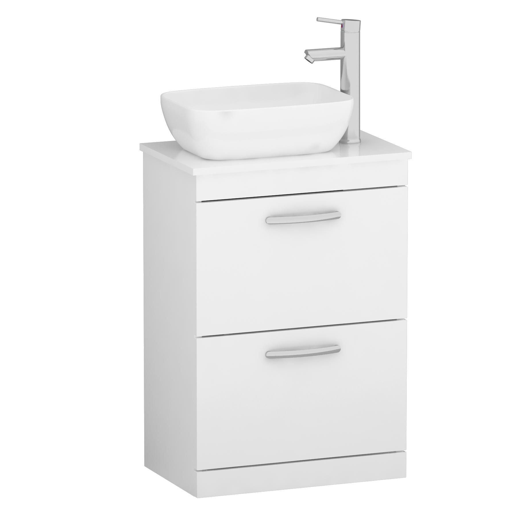 600mm Floor Standing Vanity Unit 2 Drawer Gloss White & Countertop Basin - Elva