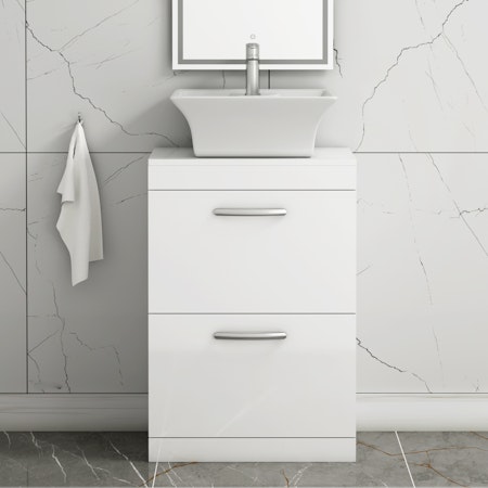 Turin 600mm Floor Standing Vanity Unit 2 Drawer Gloss White & Various Countertop Basins