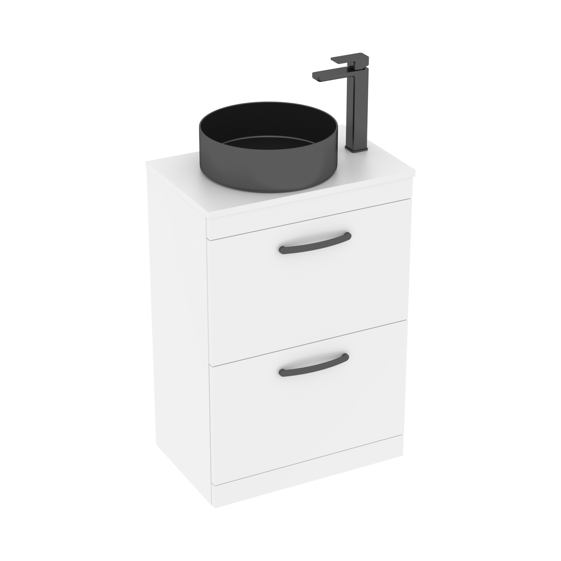 600mm Floor Standing Vanity Unit 2 Drawer Gloss White & Countertop Basin - Art Round