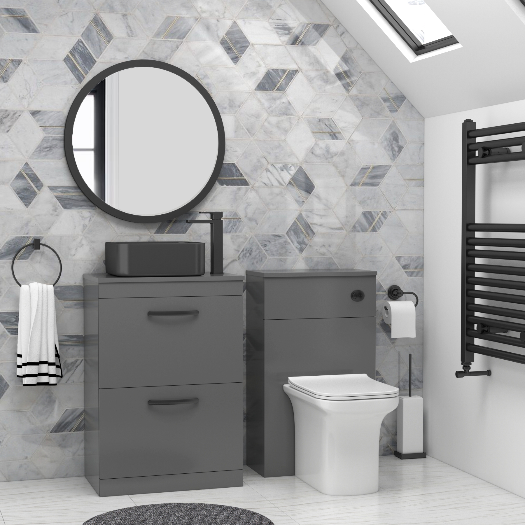 600mm Floor Standing Vanity Unit 2 Drawer Indigo Grey Gloss & optional Countertop Basin 