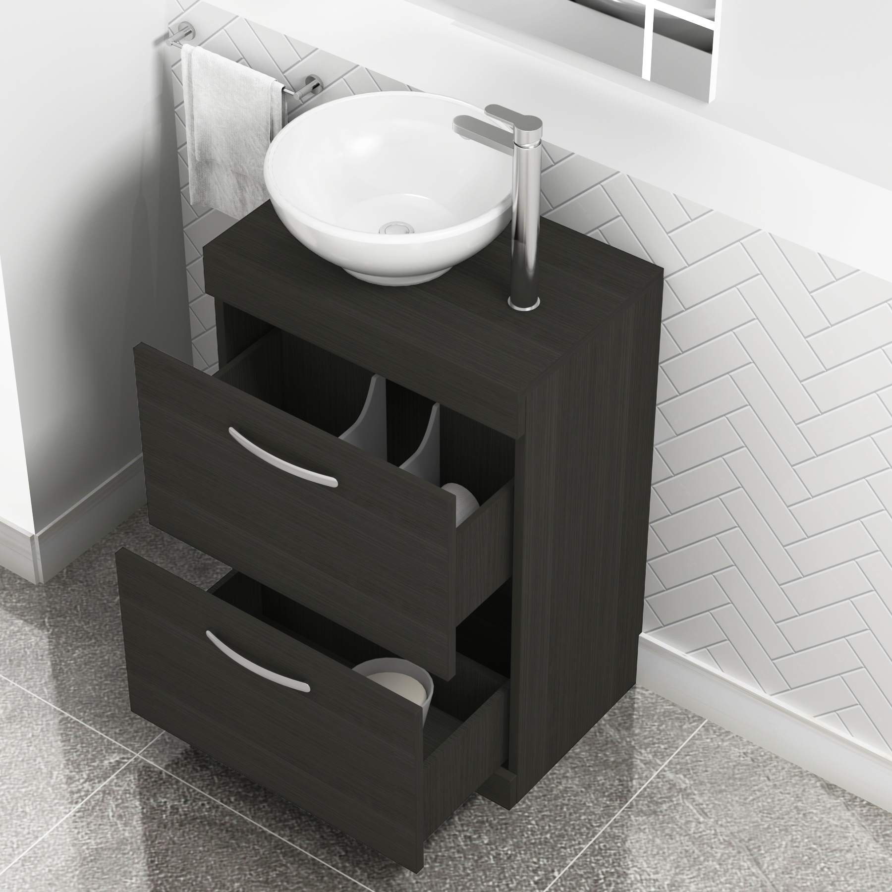 500/600/800mm Floor Standing Vanity Unit 2 Drawer Hale Black & Countertop Basin - Breeze
