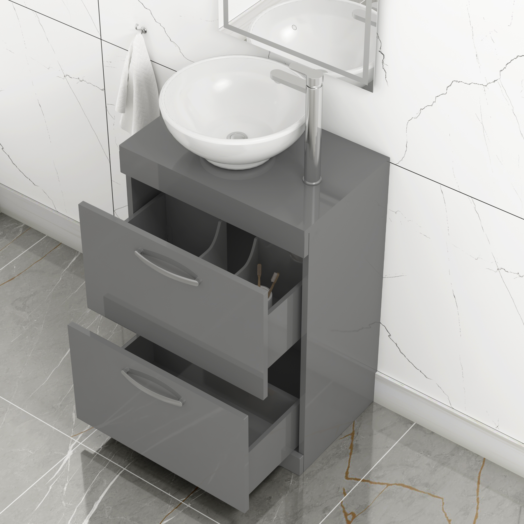 500/600/800mm Indigo Grey Gloss 2 Drawer Free Standing Bathroom Vanity Unit with Sink & Breeze Countertop Basin