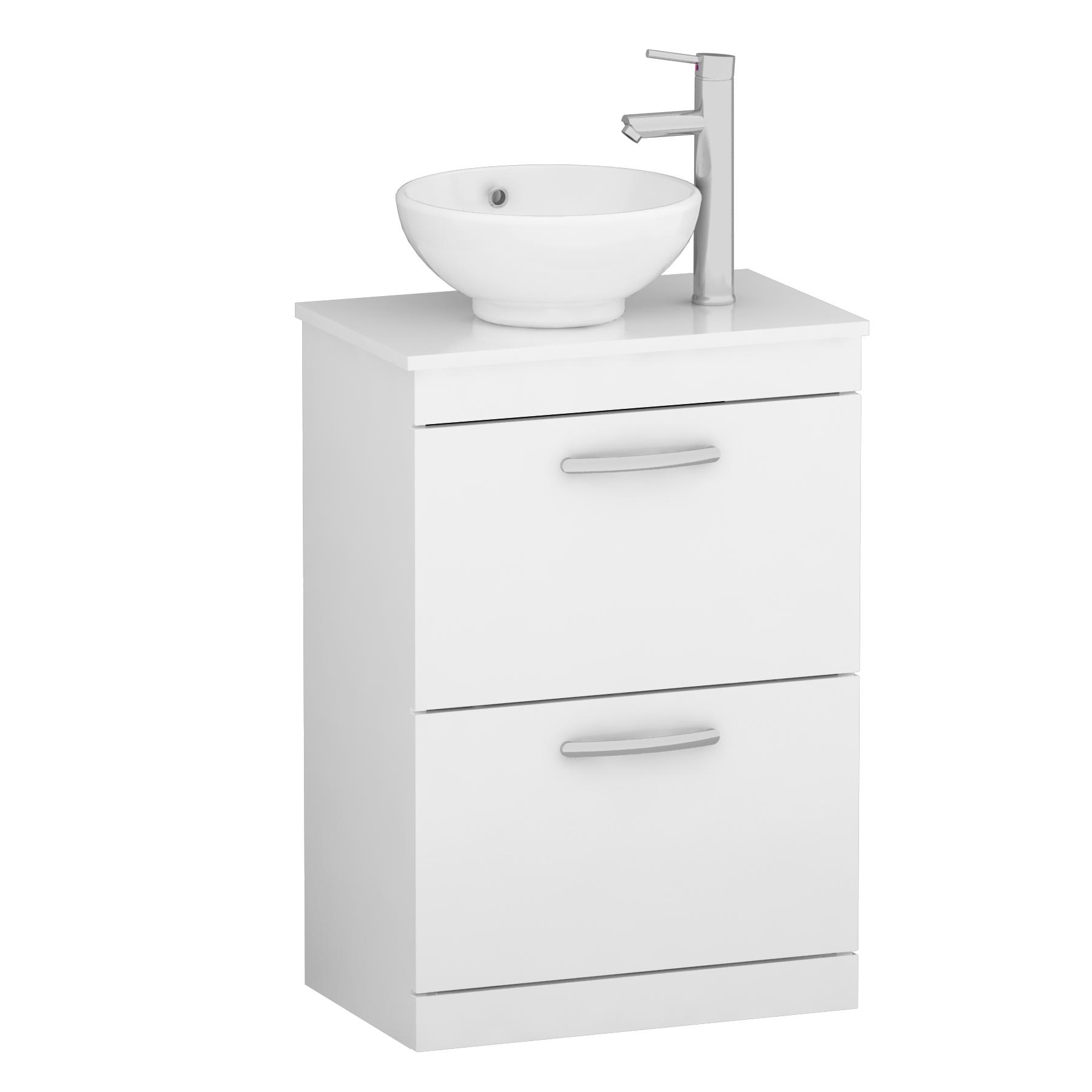 600mm Floor Standing Vanity Unit 2 Drawer Gloss White & Countertop Basin - Breeze