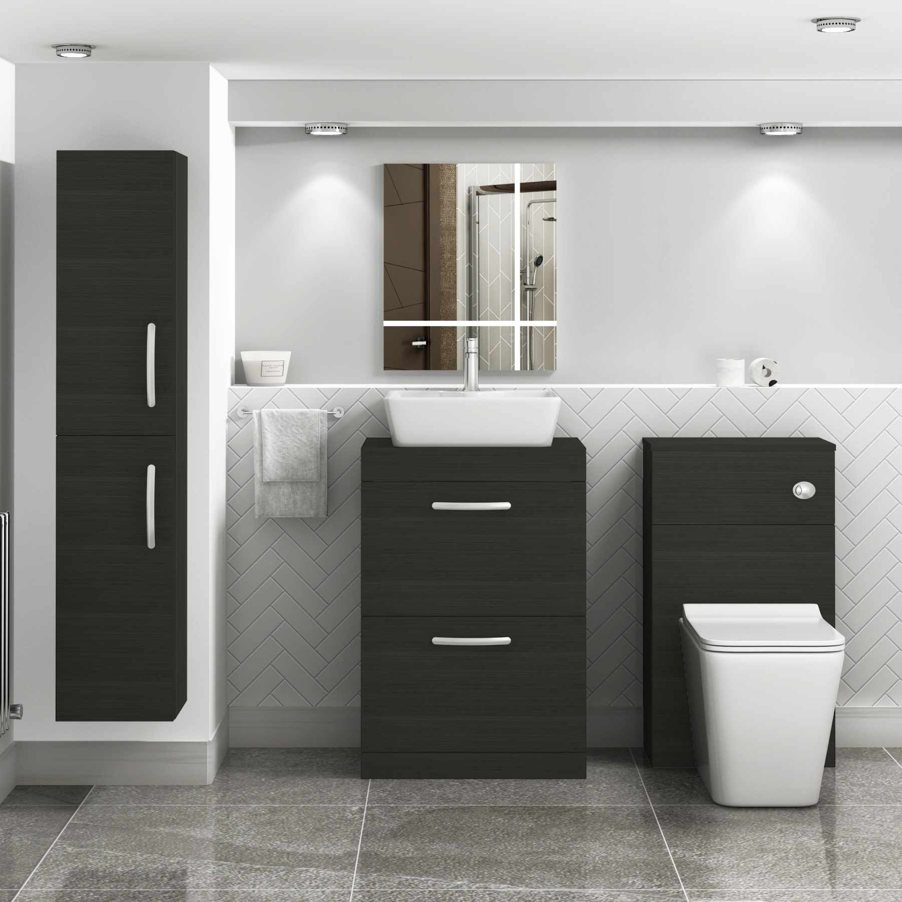 500/600/800mm Floor Standing Vanity Unit 2 Drawer Hale Black & Countertop Basin - Cube