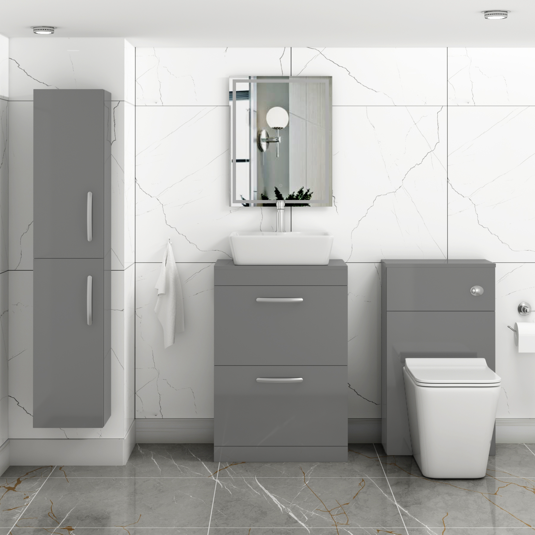 600mm Floor Standing Vanity Unit 2 Drawer Indigo Grey Gloss & Countertop Basin - Cube