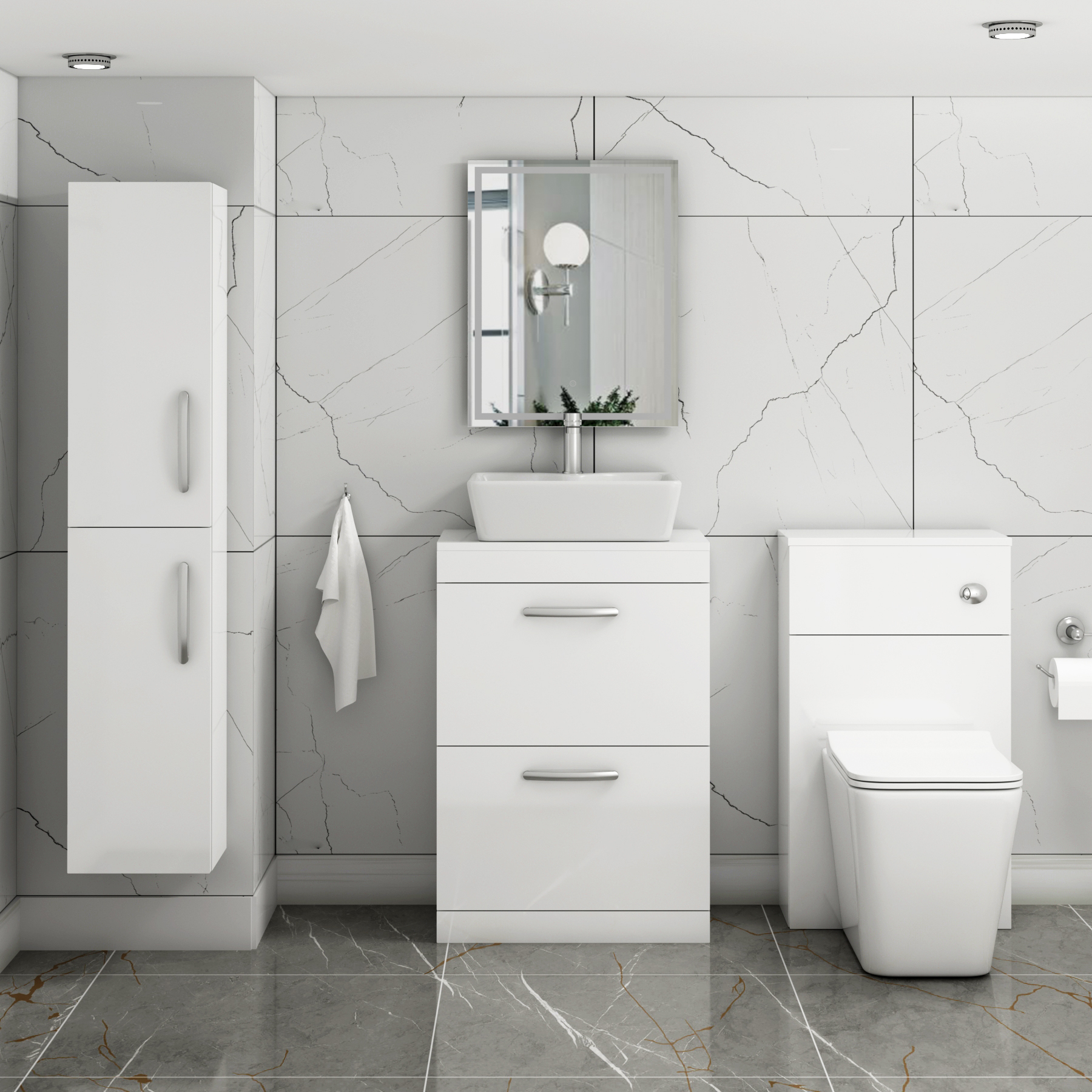 500/600/800mm Floor Standing Vanity Unit 2 Drawer Gloss White & Countertop Basin - Cube