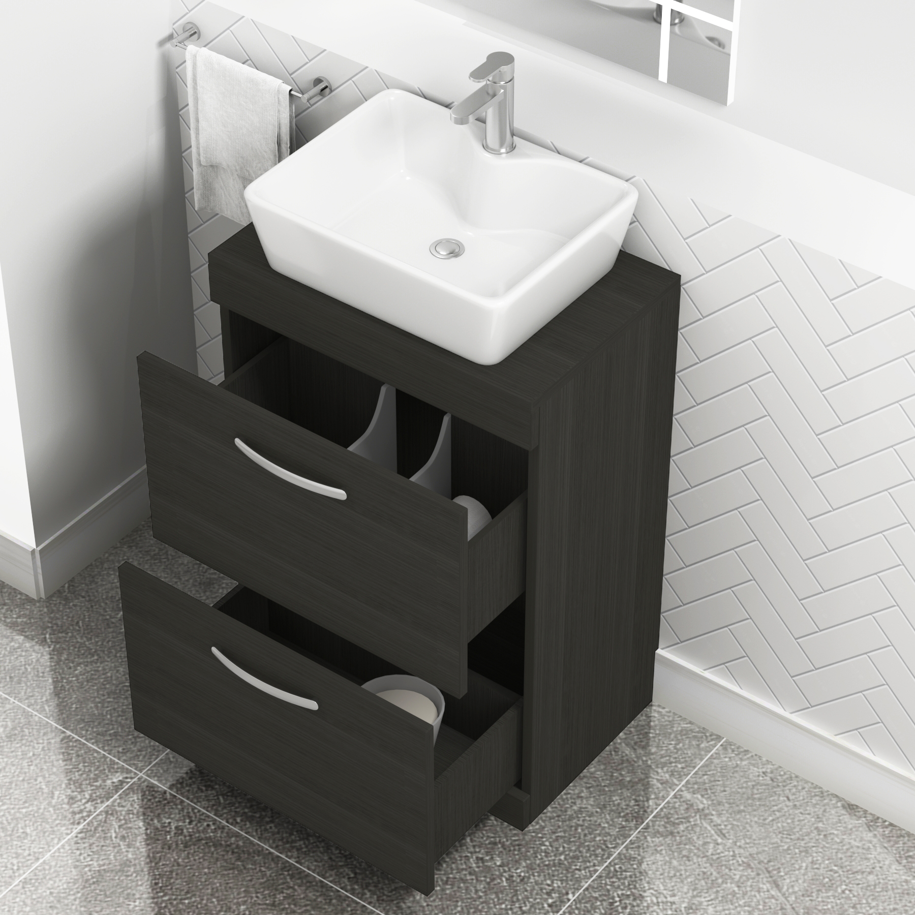500/600/800mm Floor Standing Vanity Unit 2 Drawer Hale Black & Countertop Basin - Cube