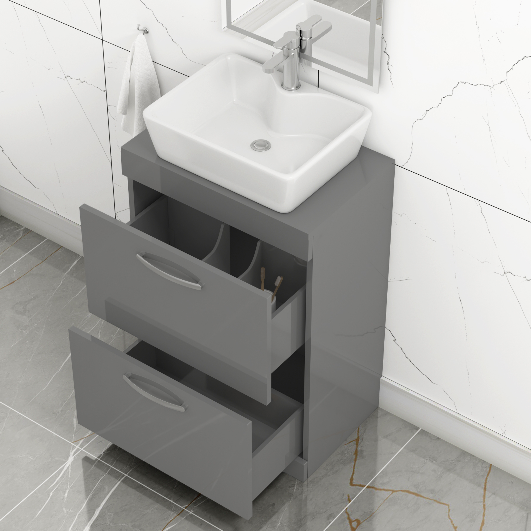 600mm Floor Standing Vanity Unit 2 Drawer Indigo Grey Gloss & Countertop Basin - Cube