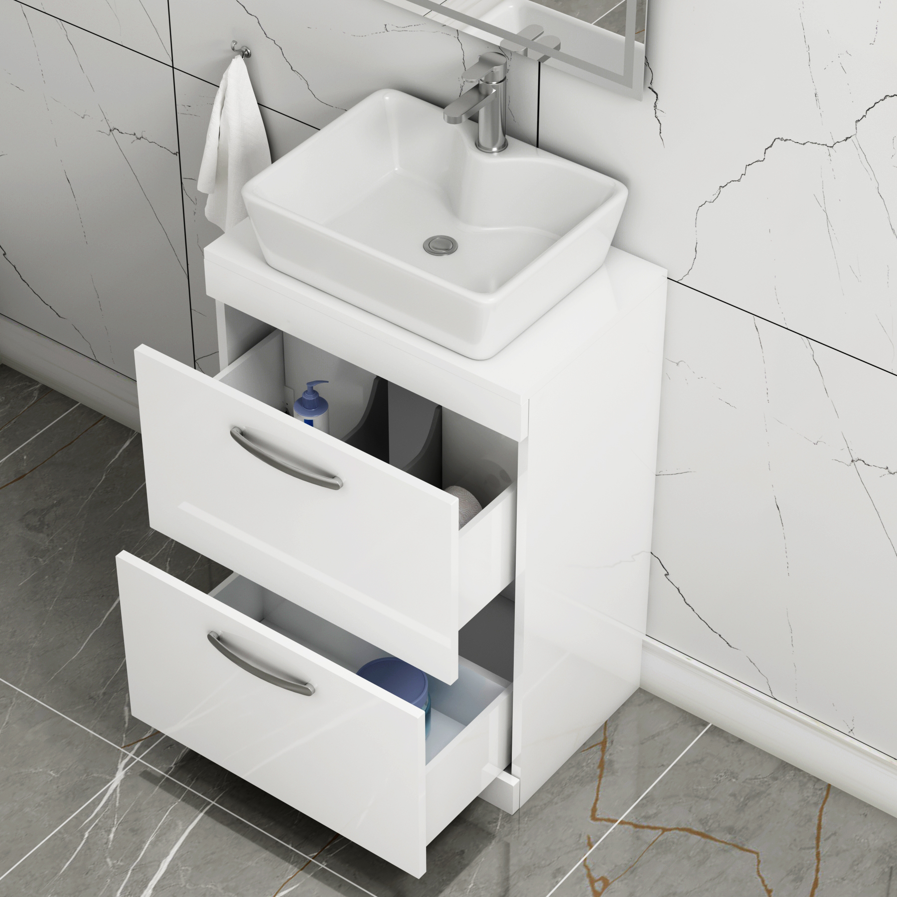 500/600/800mm Floor Standing Vanity Unit 2 Drawer Gloss White & Countertop Basin - Cube