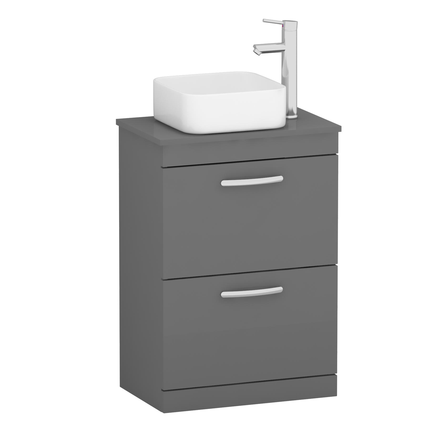 600mm Floor Standing Vanity Unit 2 Drawer Indigo Grey Gloss & Countertop Basin - Elena