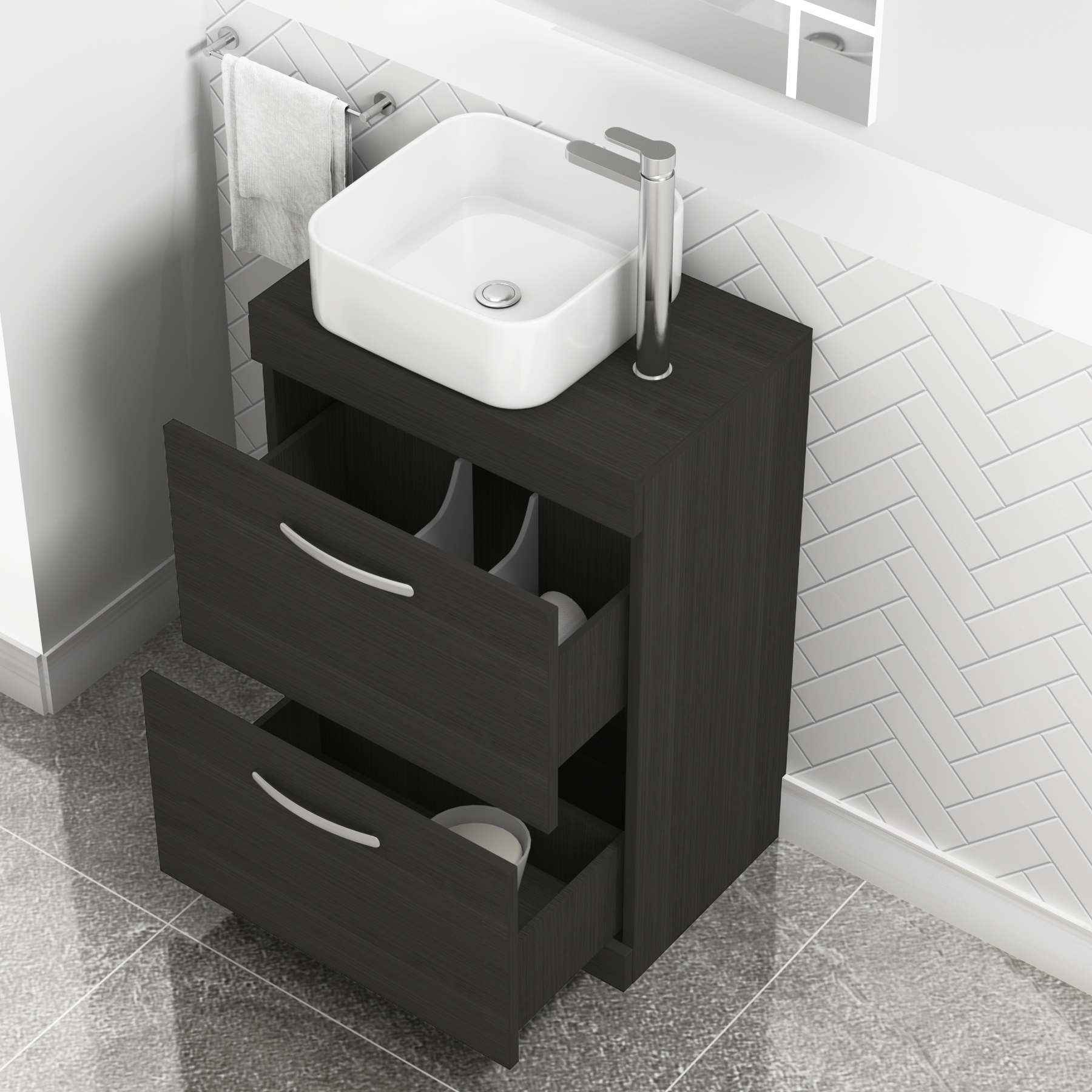 500/600/800mm Floor Standing Vanity Unit 2 Drawer Hale Black & Countertop Basin - Elena
