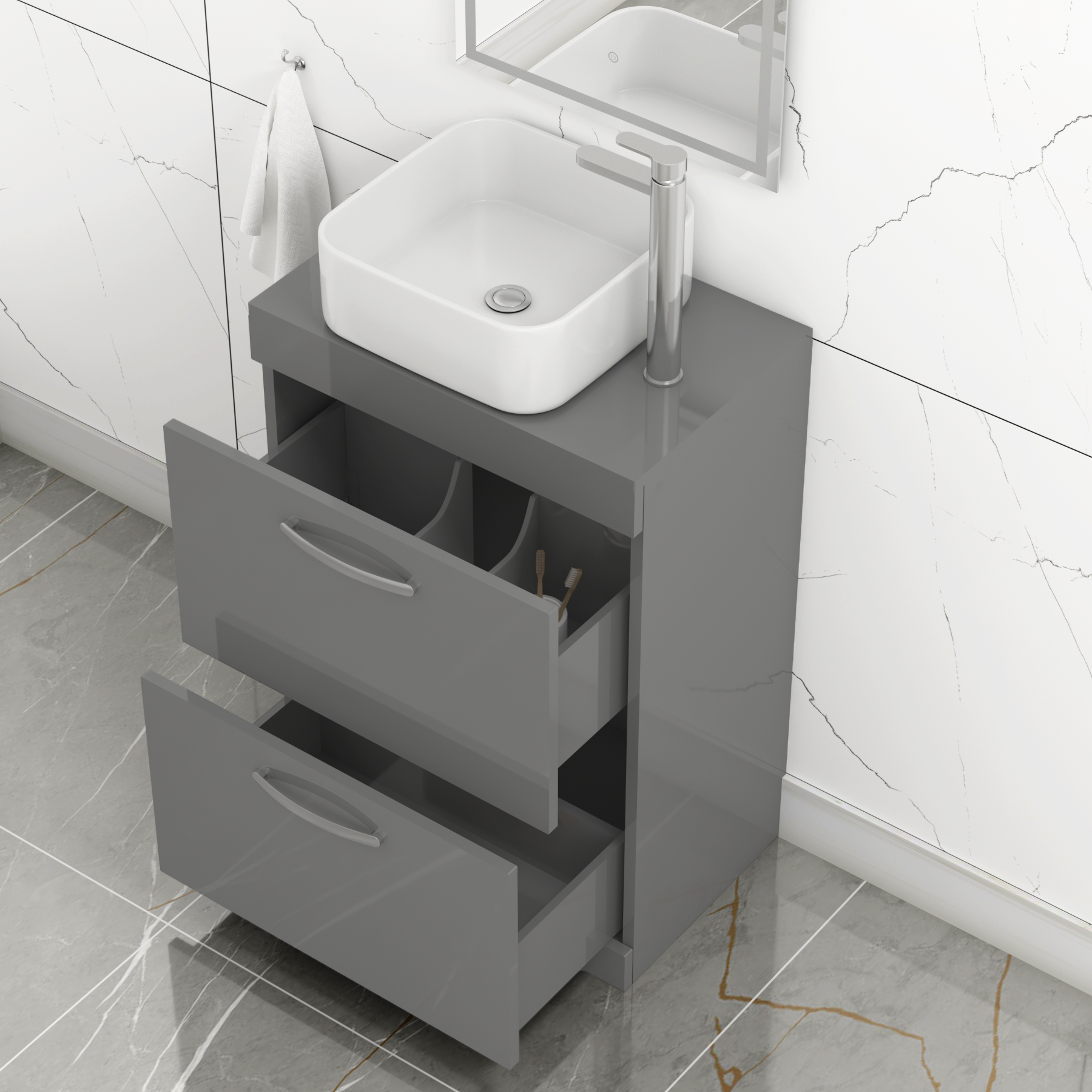 600mm Floor Standing Vanity Unit 2 Drawer Indigo Grey Gloss & Countertop Basin - Elena