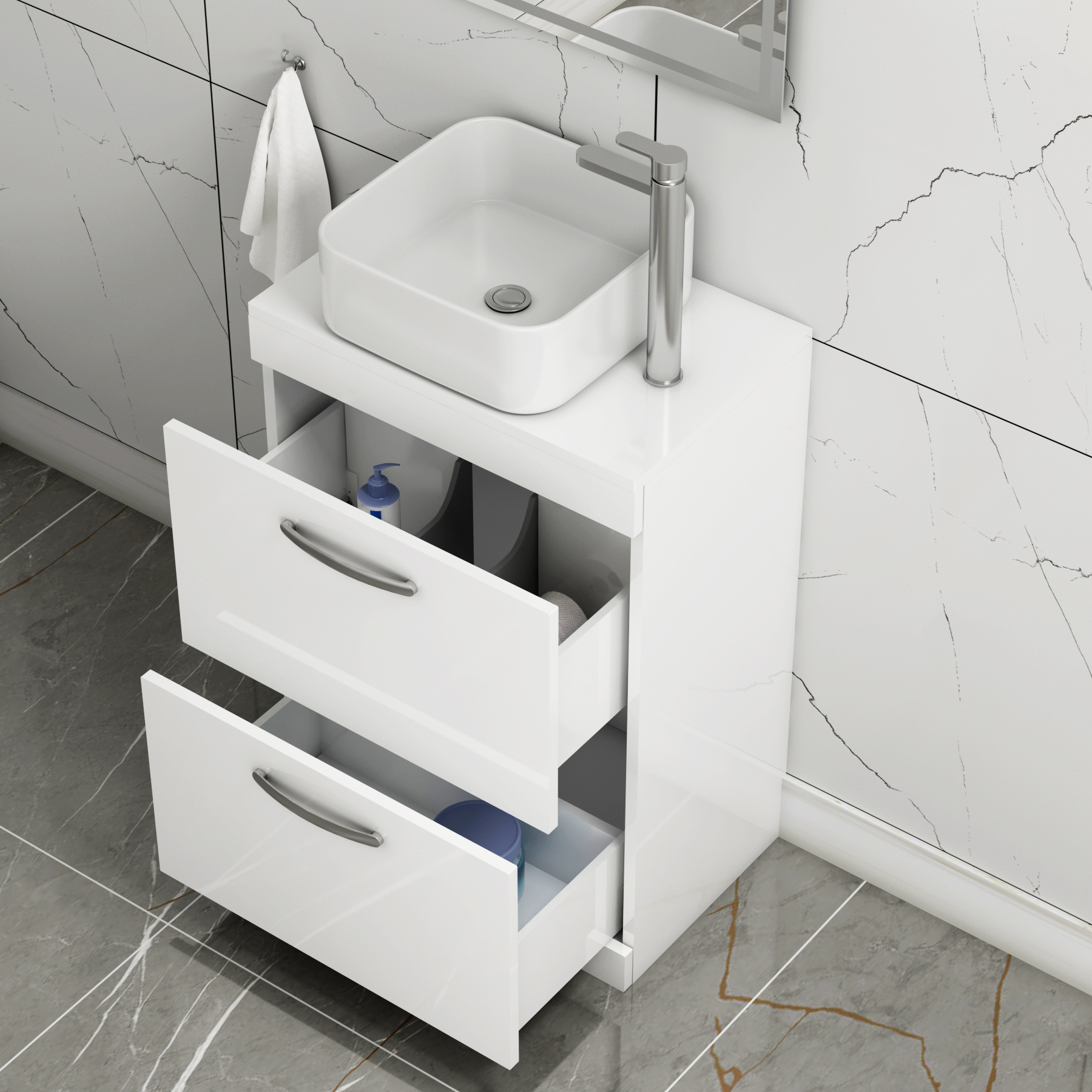 600mm Floor Standing Vanity Unit 2 Drawer Gloss White & Countertop Basin - Elena