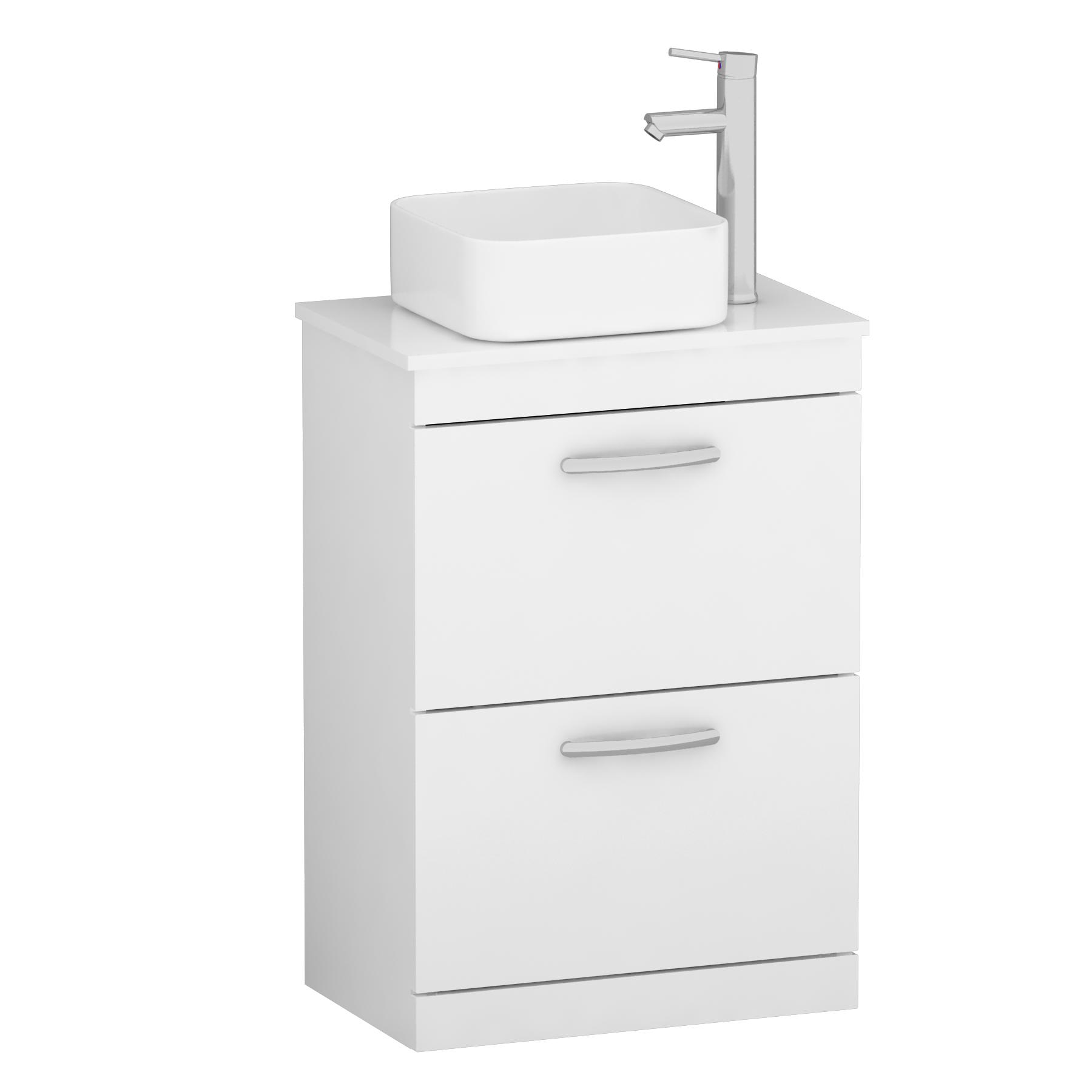 600mm Floor Standing Vanity Unit 2 Drawer Gloss White & Countertop Basin - Elena