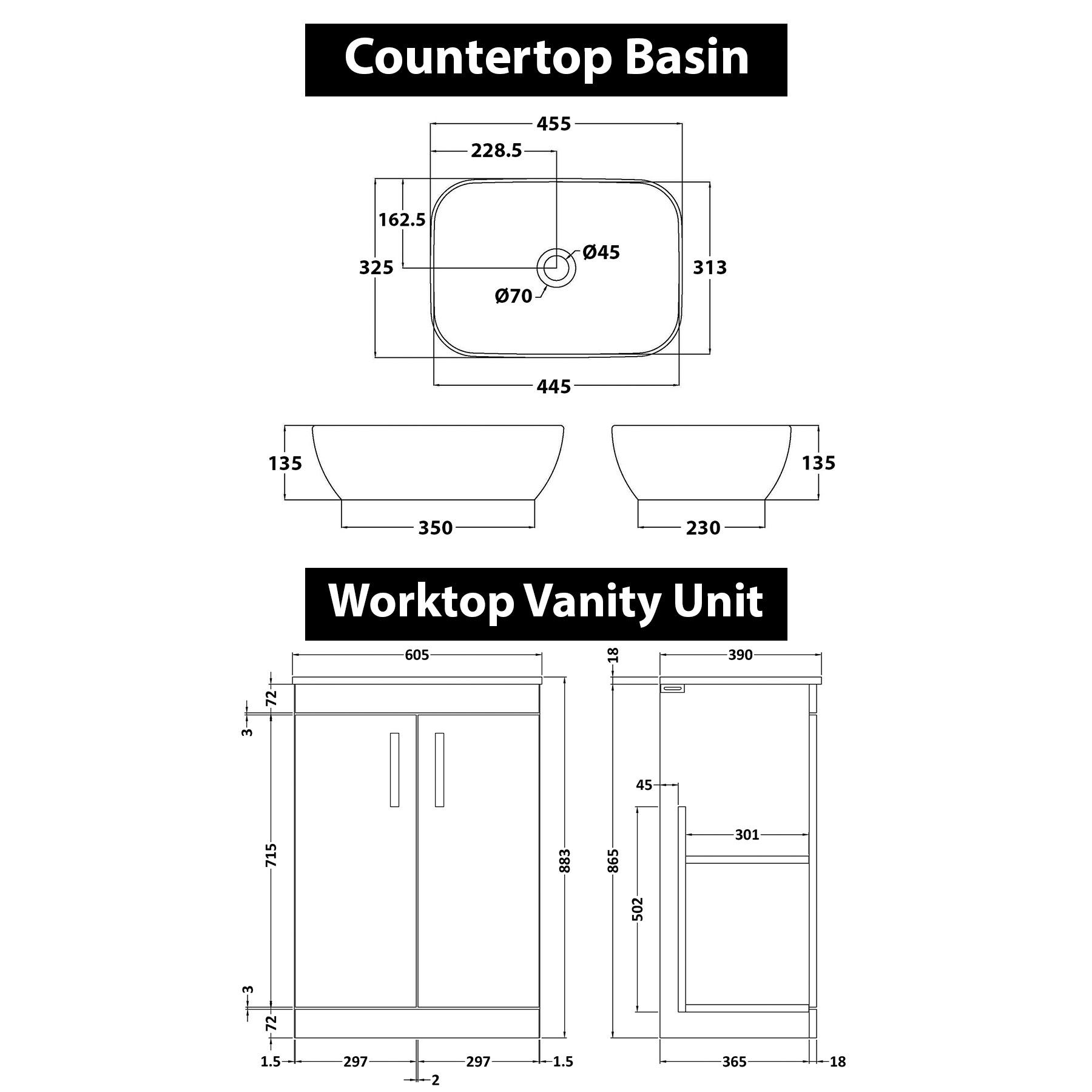 600mm Floor Standing Vanity Unit 2 Door Hale Black & Countertop Basin - Elva with Brushed Brass Handle