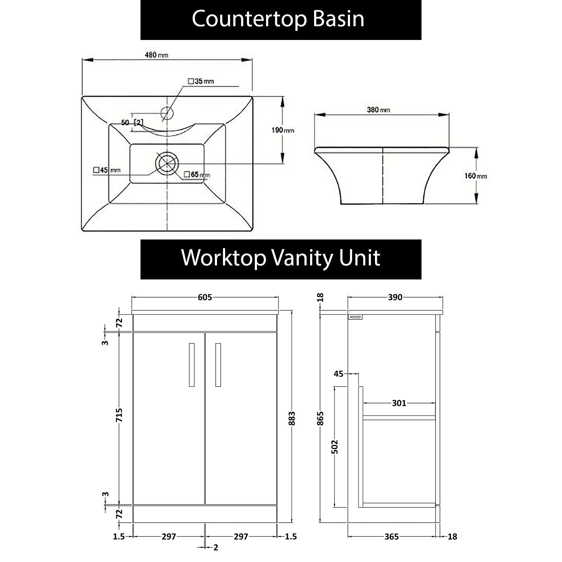600mm Floor Standing Vanity Unit 2 Door Hale Black & Countertop Basin - Amaze