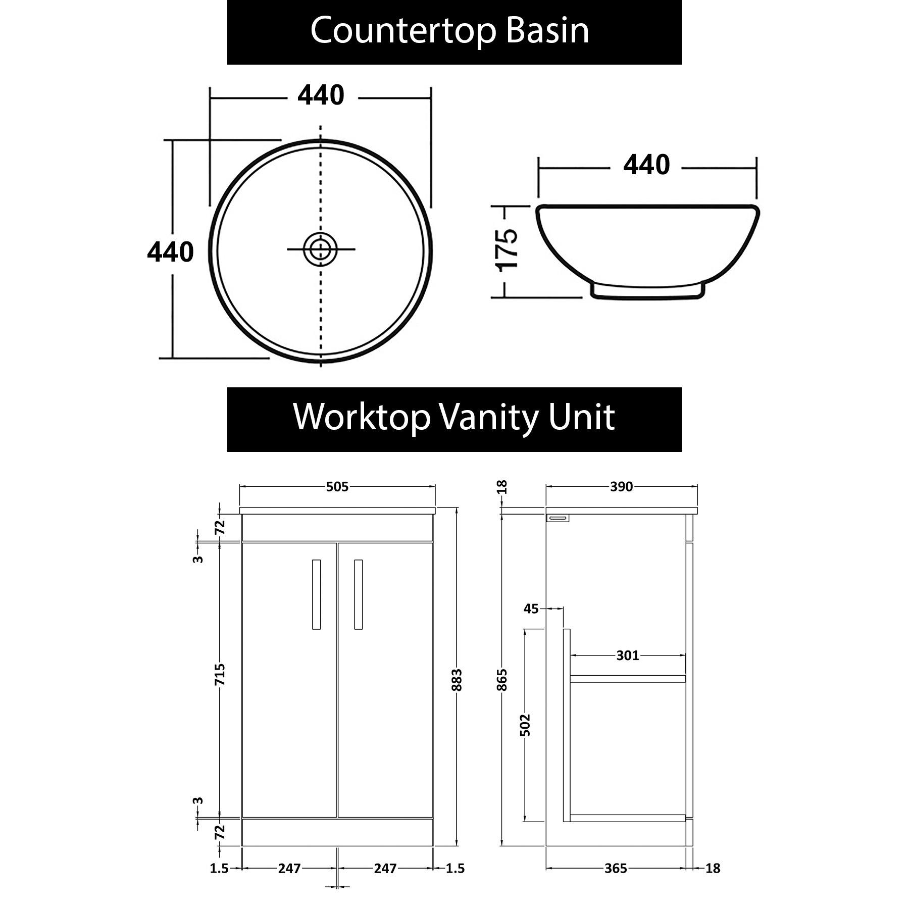 500mm Floor Standing Vanity Unit 2 Door Indigo Grey Gloss & Countertop Basin - Breeze with Brushed Brass Handle