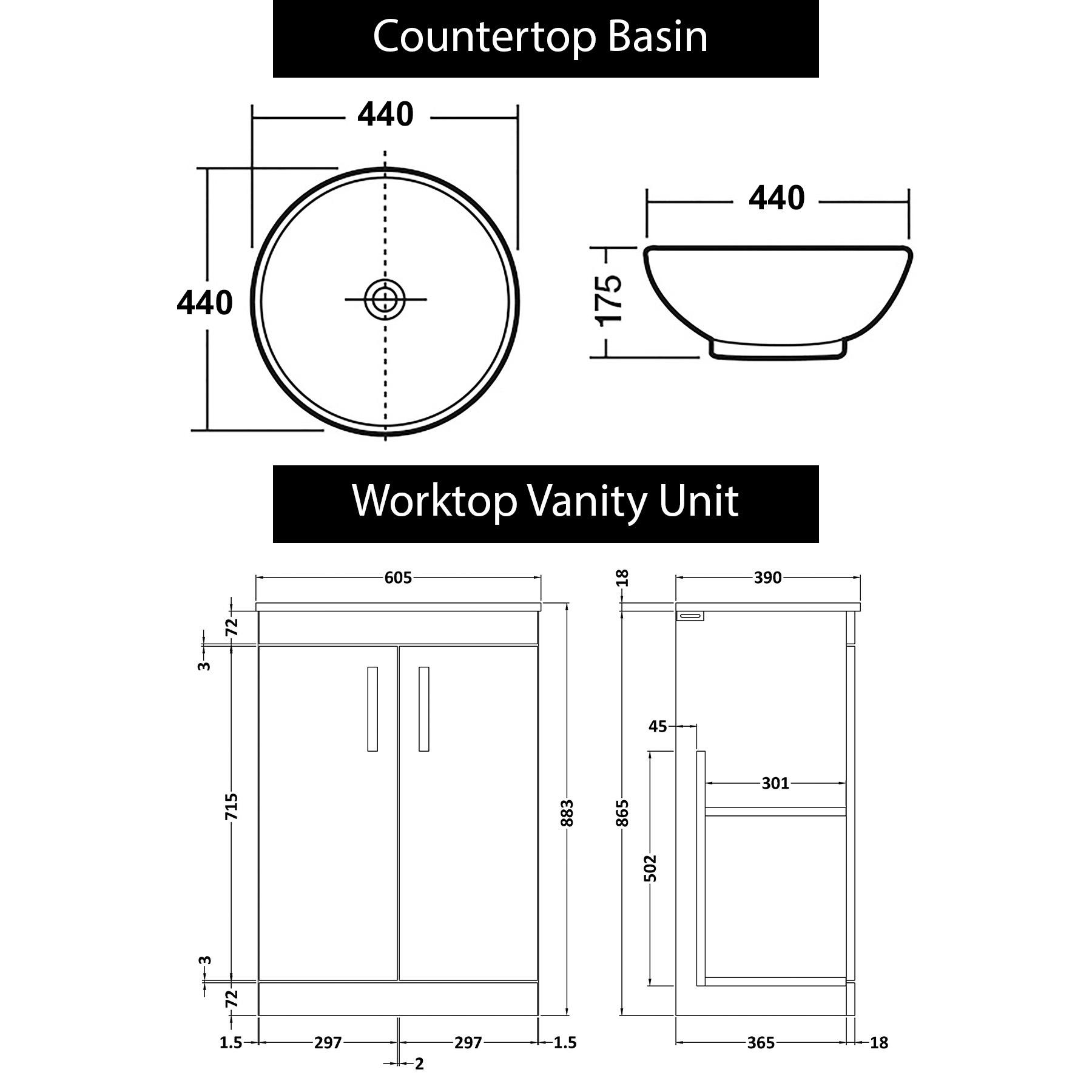 600mm Floor Standing Vanity Unit 2 Door Indigo Grey Gloss & Countertop Basin - Breeze with Brushed Brass Handle