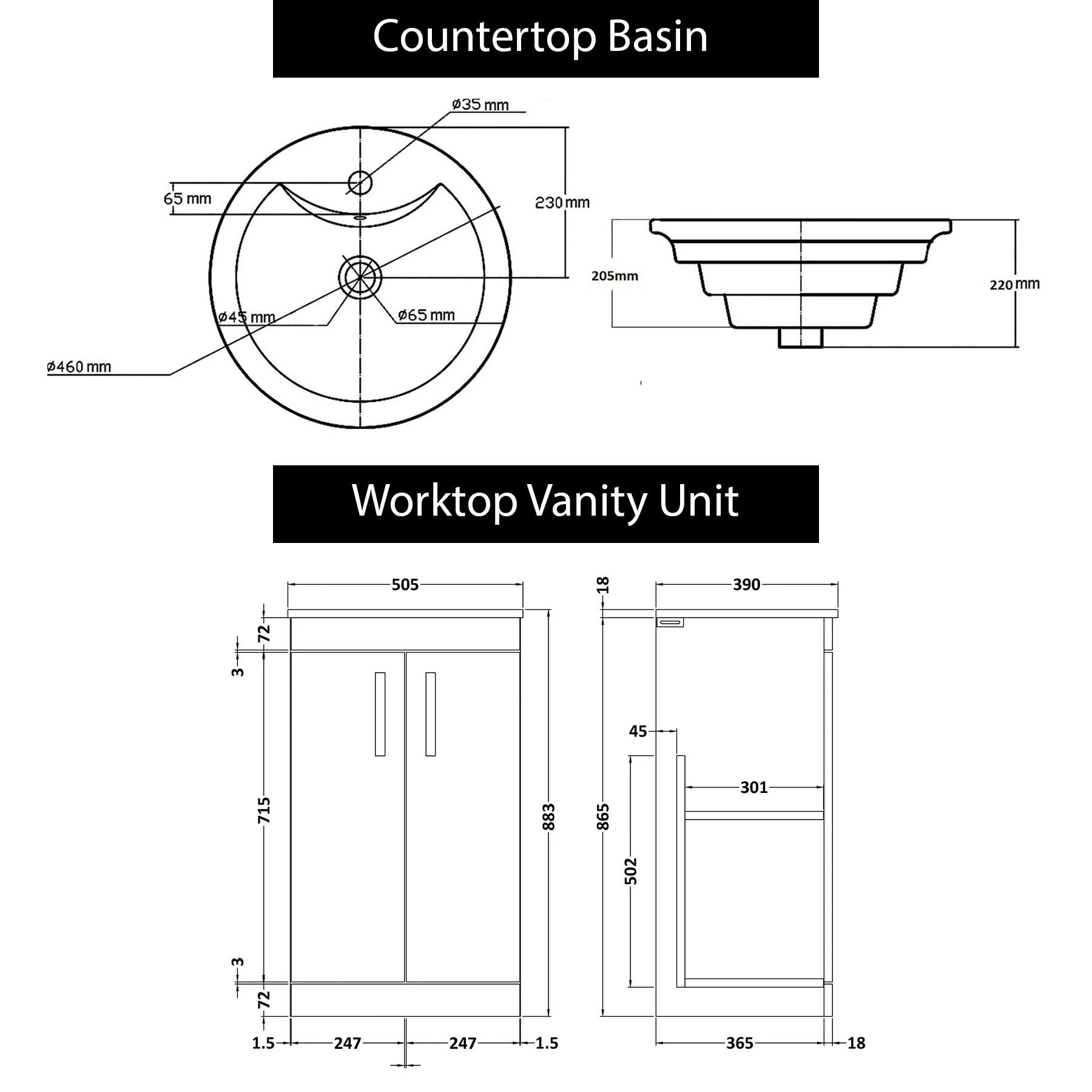 500mm Floor Standing Vanity Unit 2 Door Grey Elm & Countertop Basin