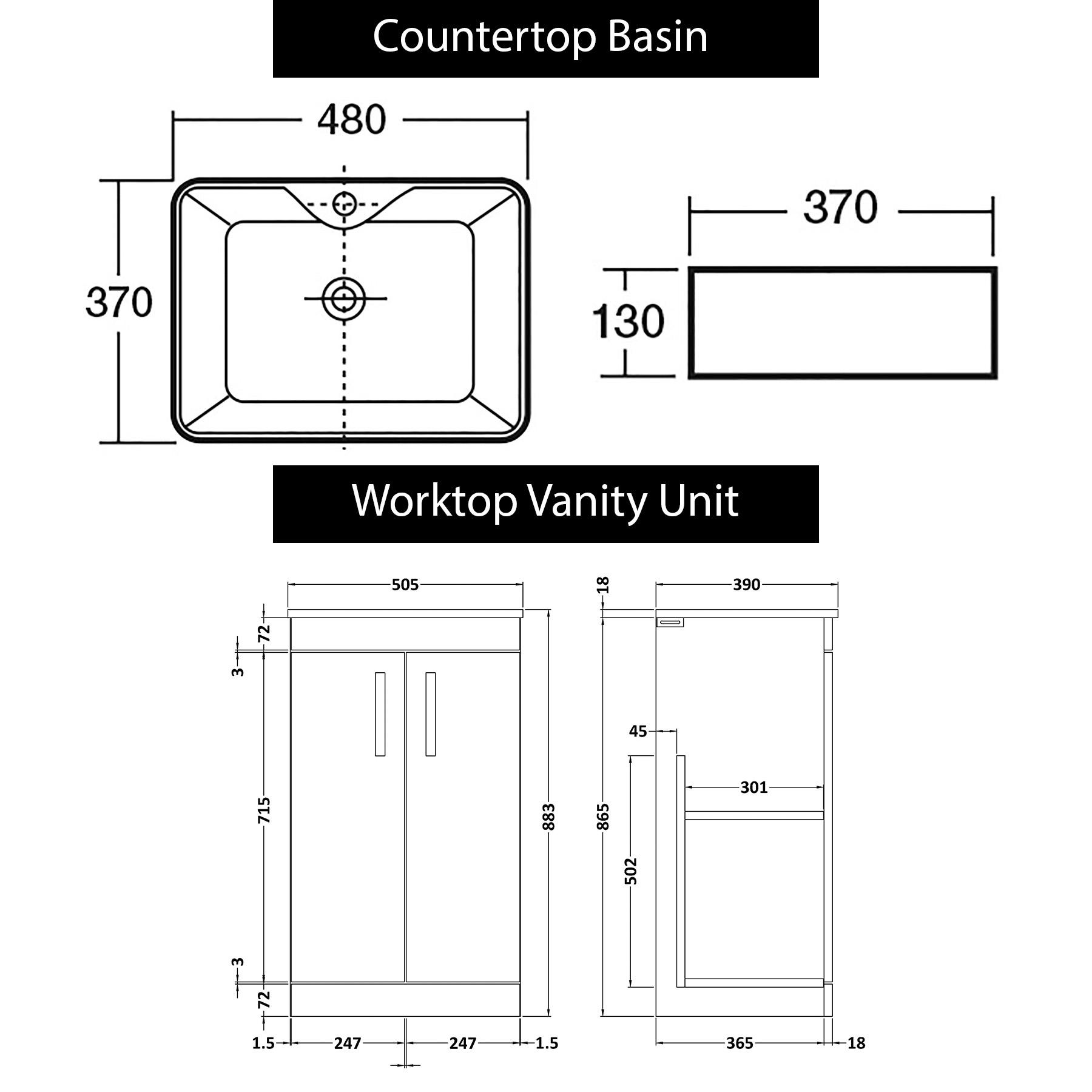 500mm Floor Standing Vanity Unit 2 Door Indigo Grey Gloss & Countertop Basin - Cube with Brushed Brass Handle