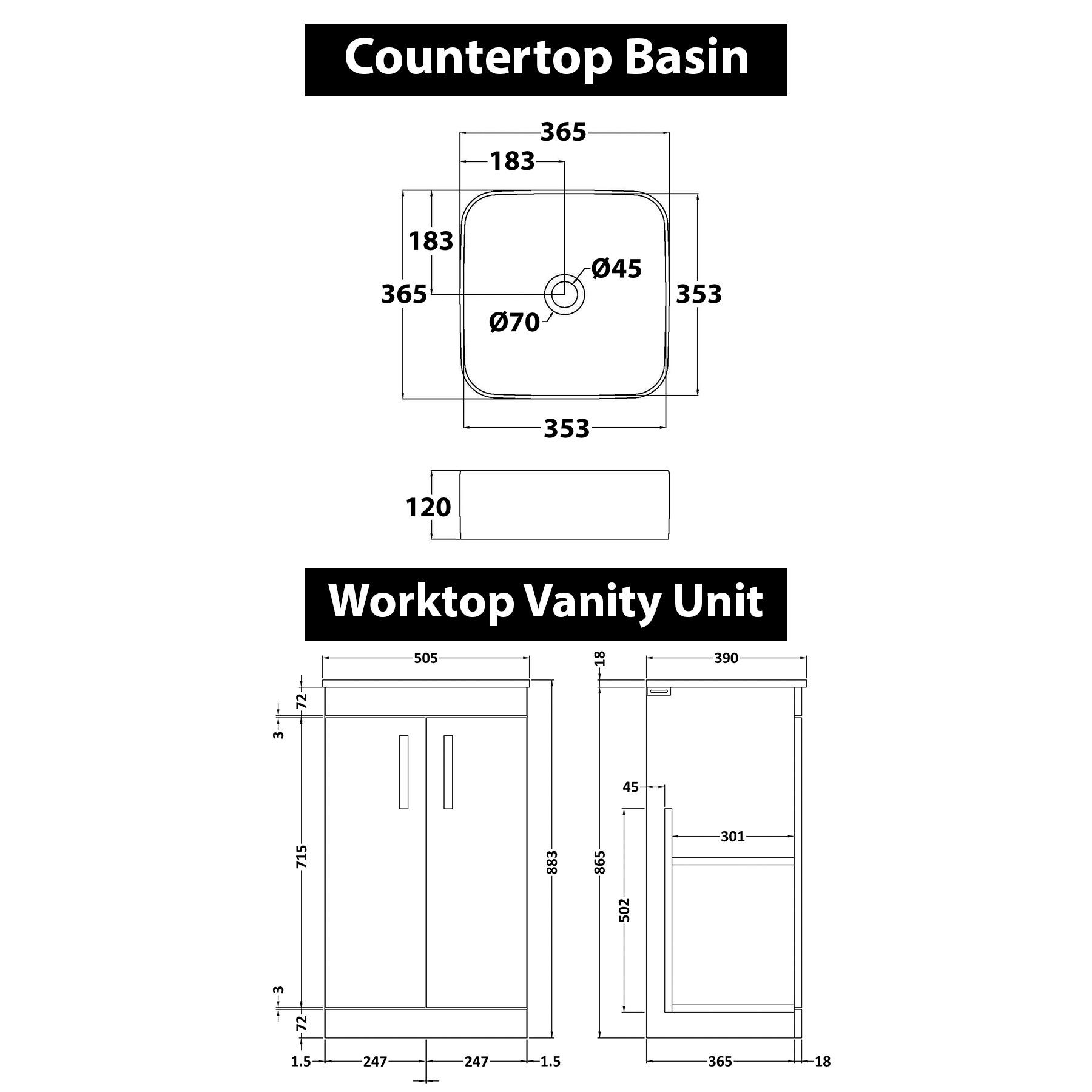 500mm Floor Standing Vanity Unit 2 Door Gloss White & Countertop Basin - Elena