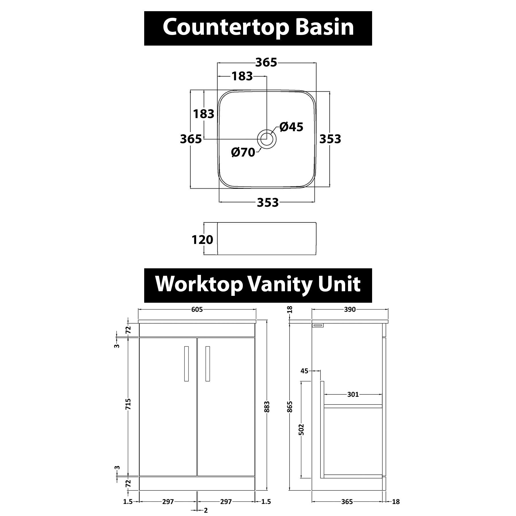 600mm Floor Standing Vanity Unit 2 Door Indigo Grey Gloss & Countertop Basin - Elena