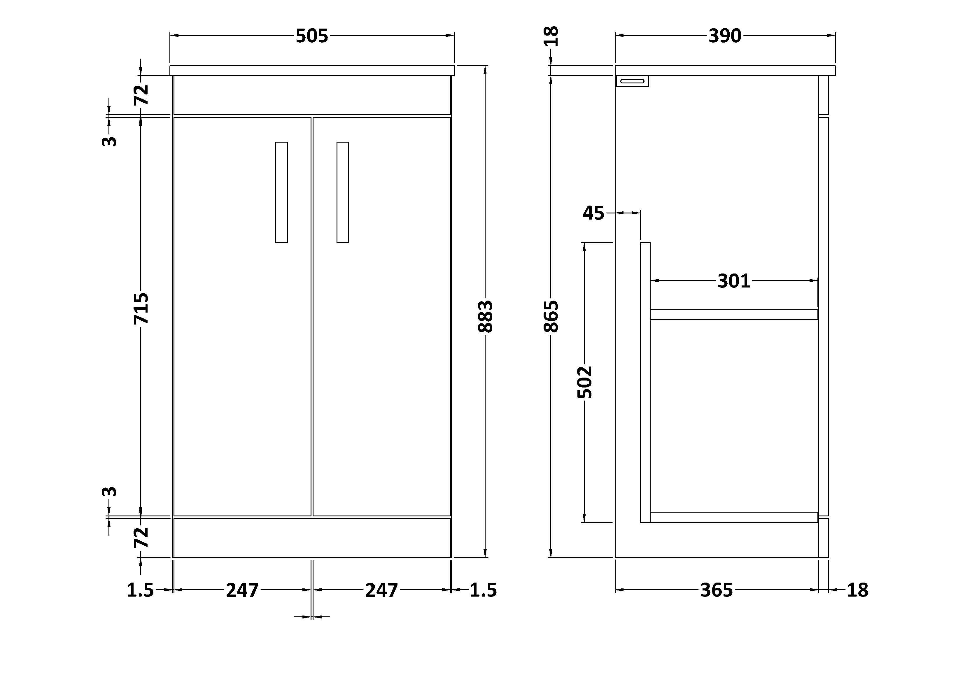 Turin 500mm Gloss White Floor Standing Worktop Vanity Unit - 2 Doors with Brushed Brass Handle