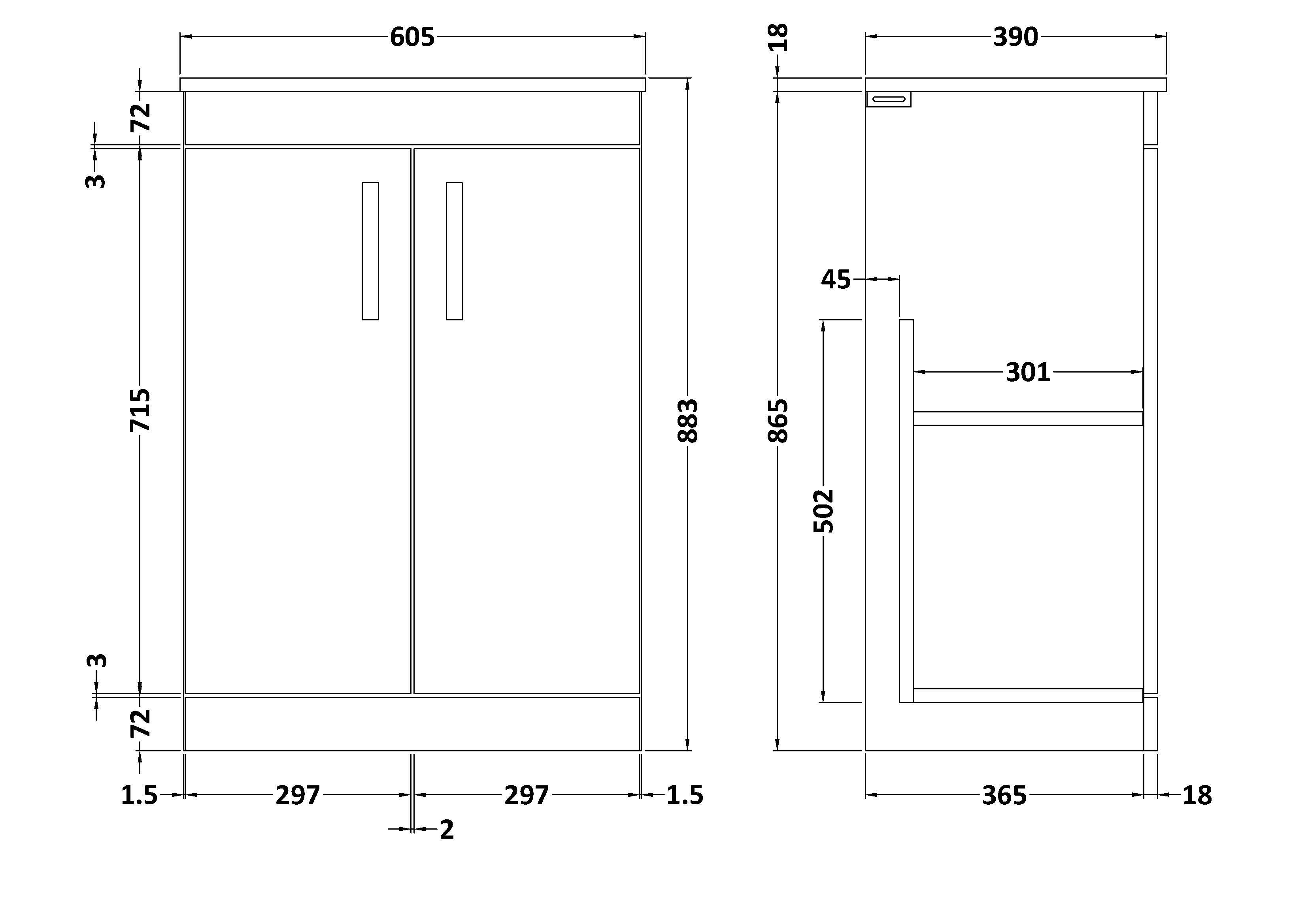 Turin 600mm Gloss White Floor Standing Worktop Vanity Unit - 2 Doors with Brushed Brass Handle