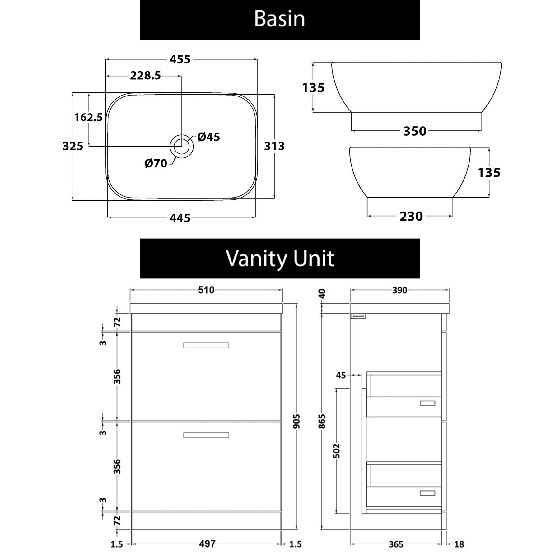 500mm Floor Standing Vanity Unit 2 Drawer Indigo Grey Gloss & Countertop Basin - Elva with Brushed Brass Handle