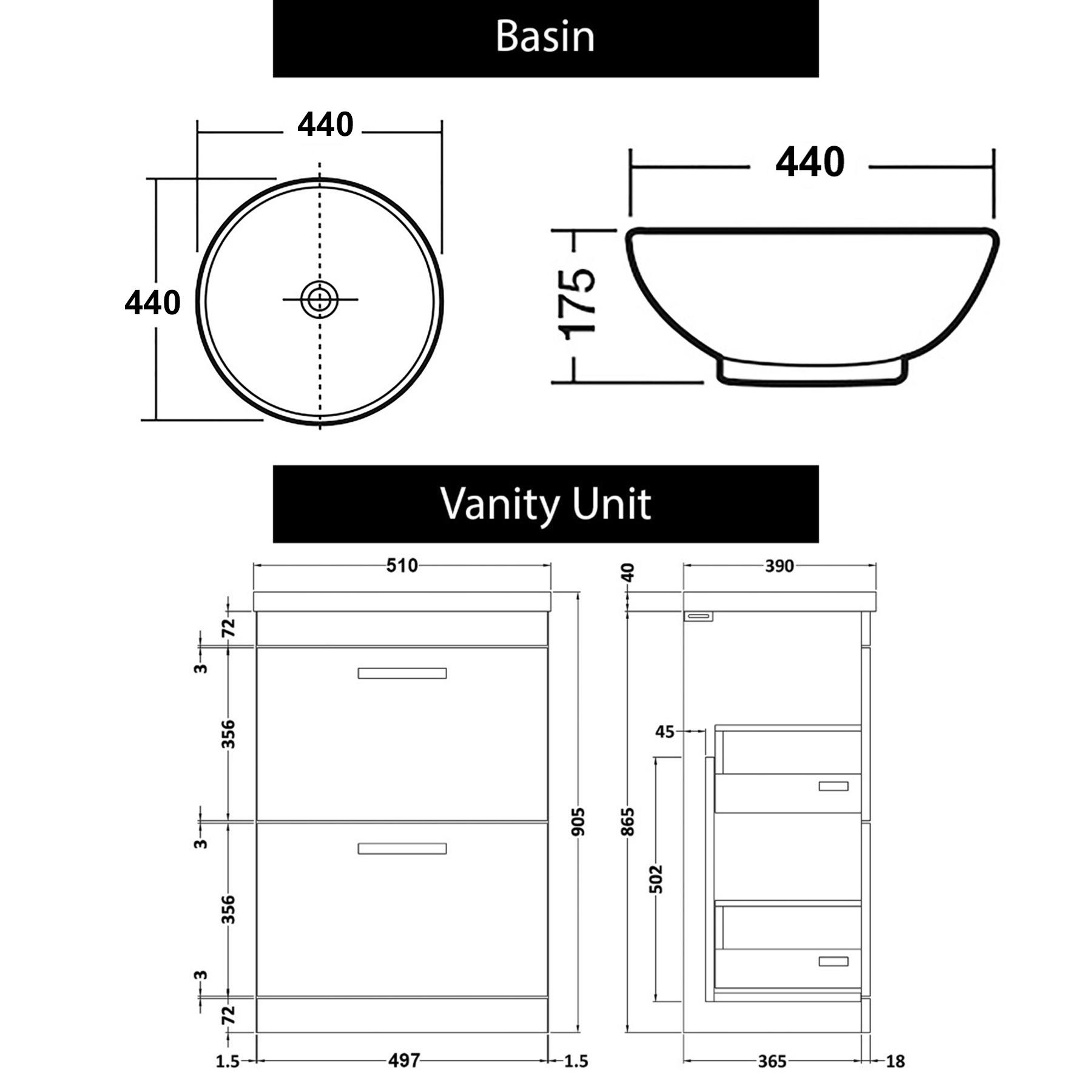 500mm Floor Standing Vanity Unit 2 Drawer Indigo Grey Gloss & Countertop Basin - Breeze with Brushed Brass Handle