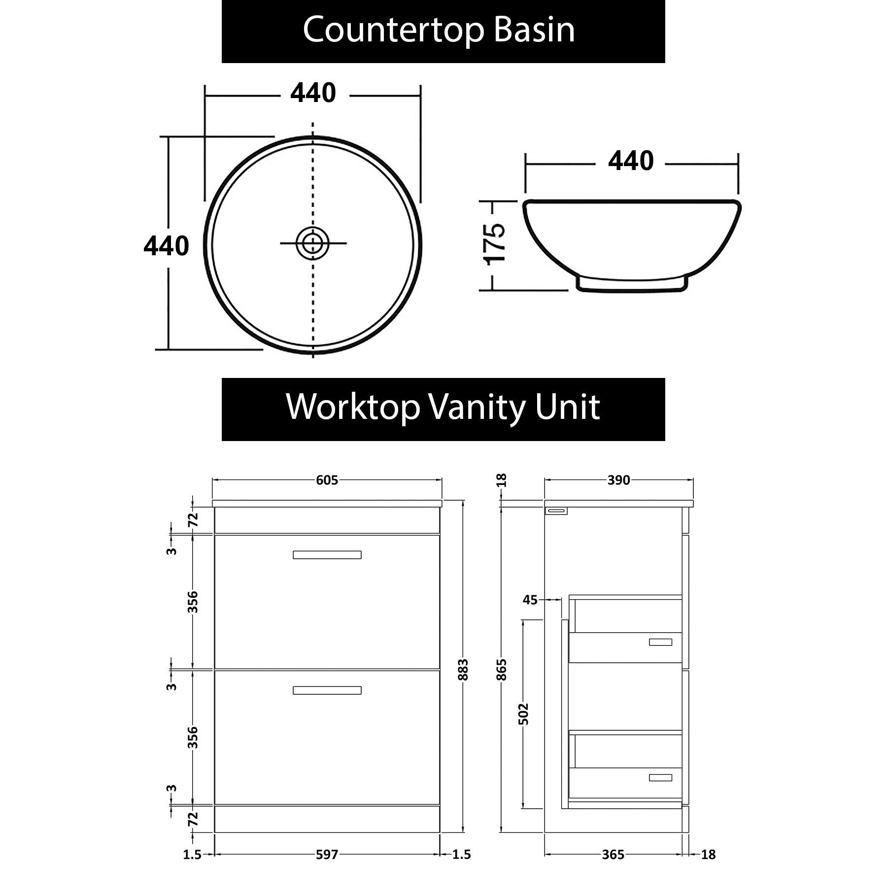 600mm Floor Standing Vanity Unit 2 Drawer Indigo Grey Gloss & Countertop Basin - Breeze with Brushed Brass Handle