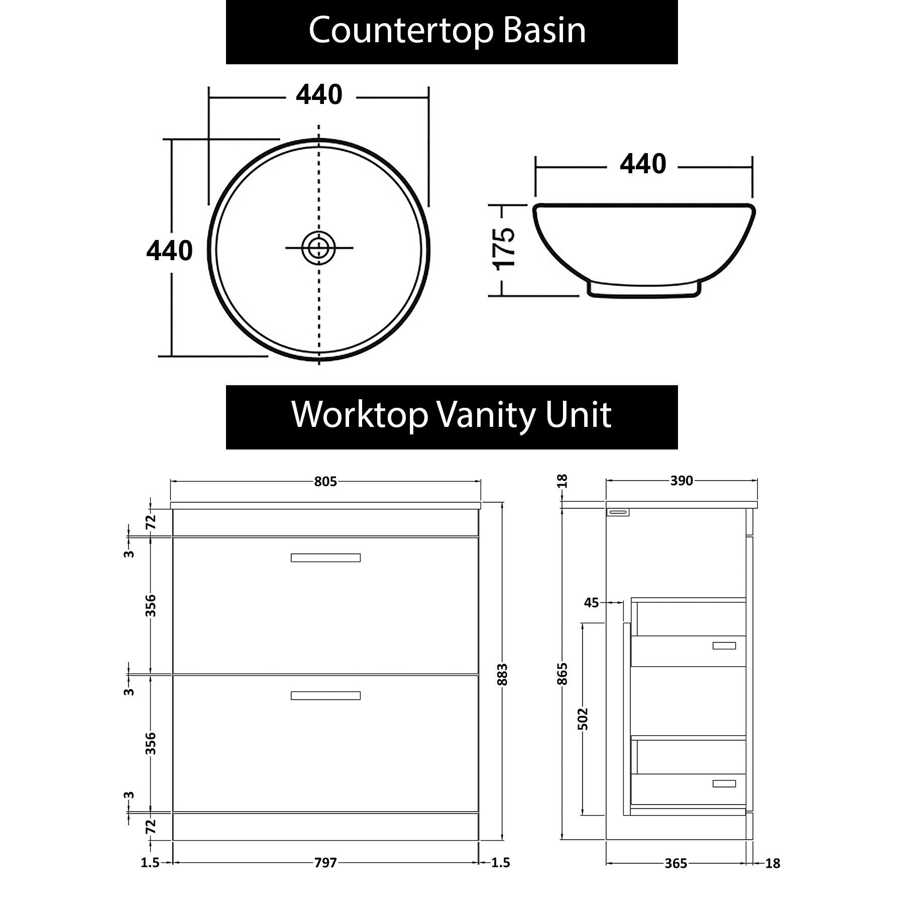 800mm Floor Standing Vanity Unit 2 Drawer Indigo Grey Gloss & Countertop Basin - Breeze with Brushed Brass Handle