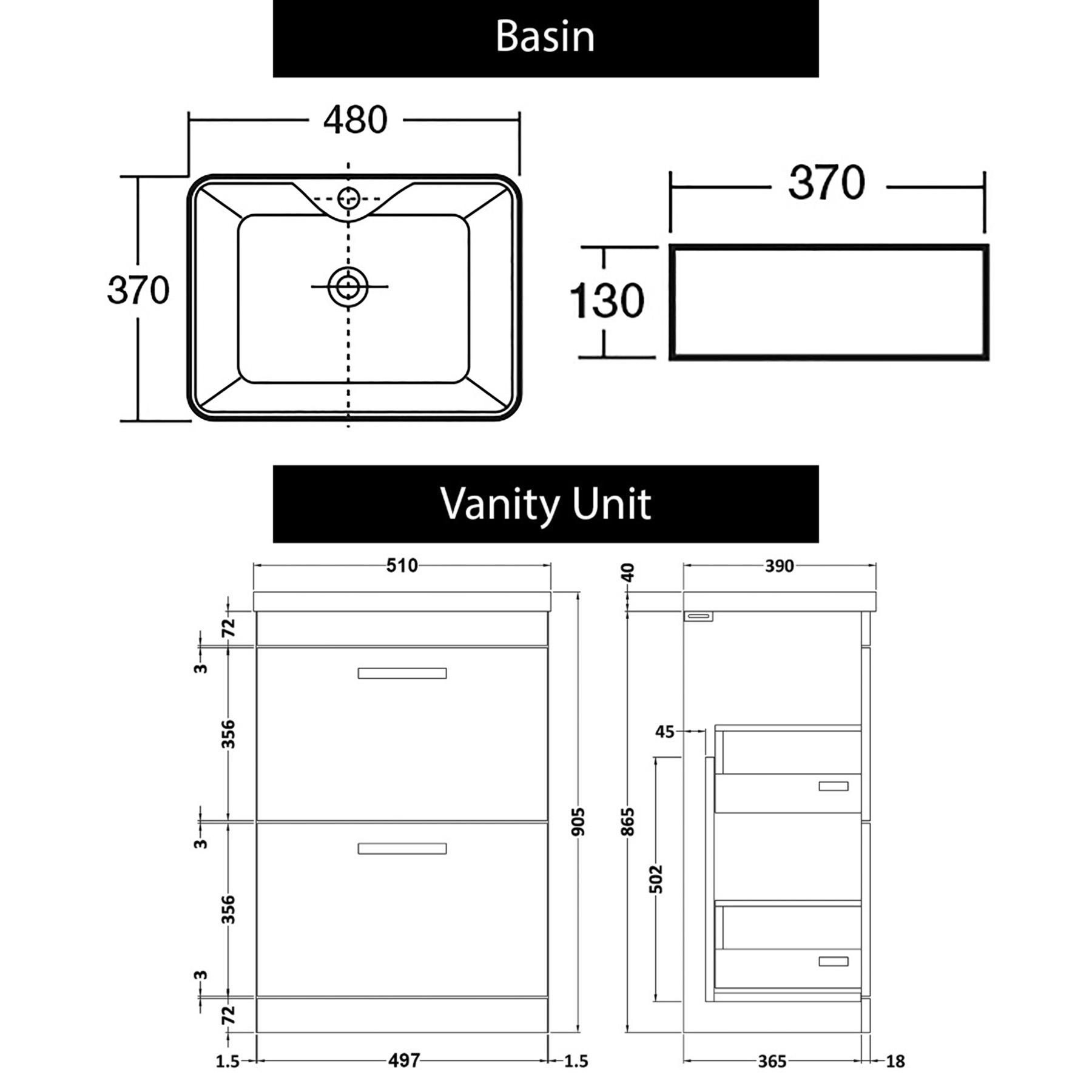 500mm Floor Standing Vanity Unit 2 Drawer Indigo Grey Gloss & Countertop Basin - Cube with Brushed Brass Handle