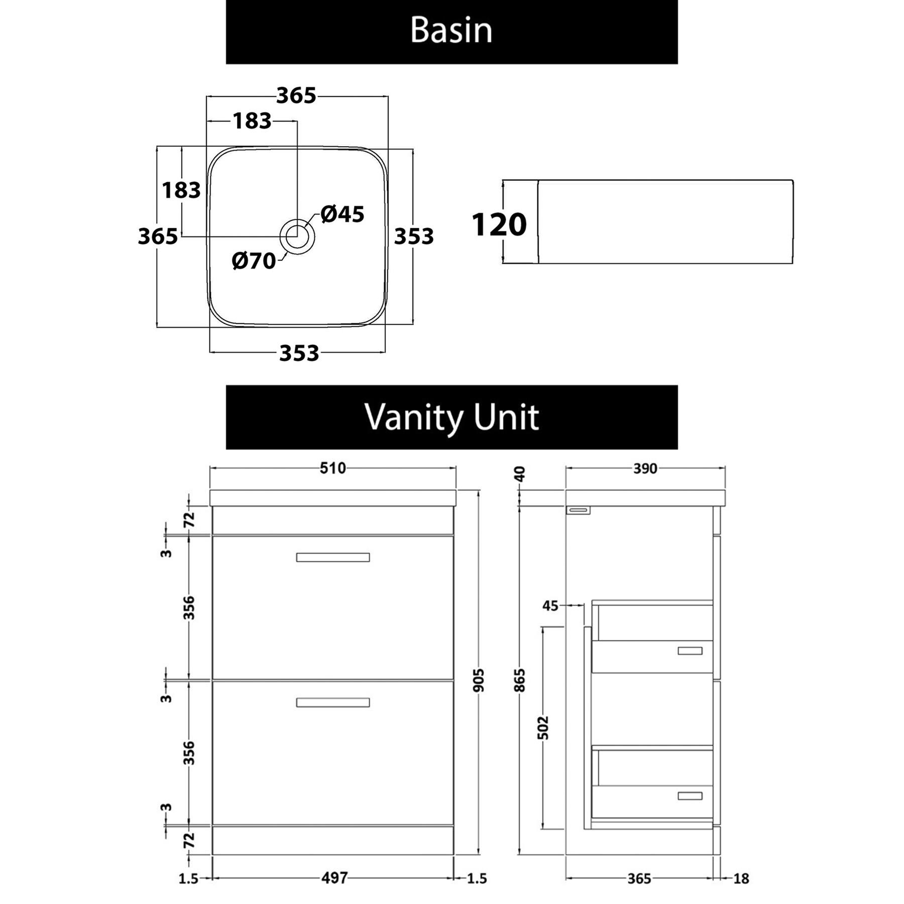 500mm Floor Standing Vanity Unit 2 Drawer Hale Black & Countertop Basin - Elena