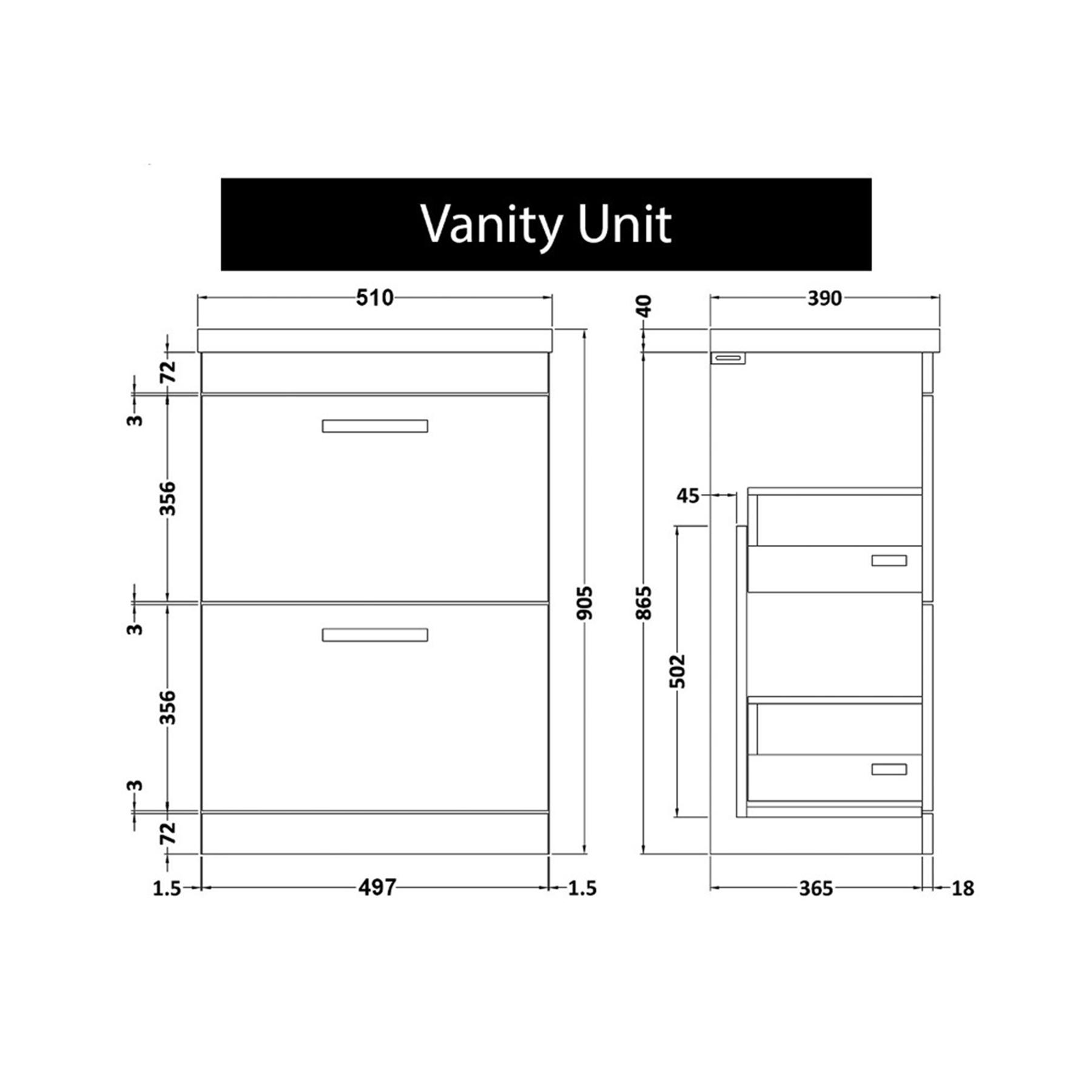  Turin 500mm Gloss White Floor Standing Worktop Vanity Unit - 2 Drawer with Brushed Brass Handle