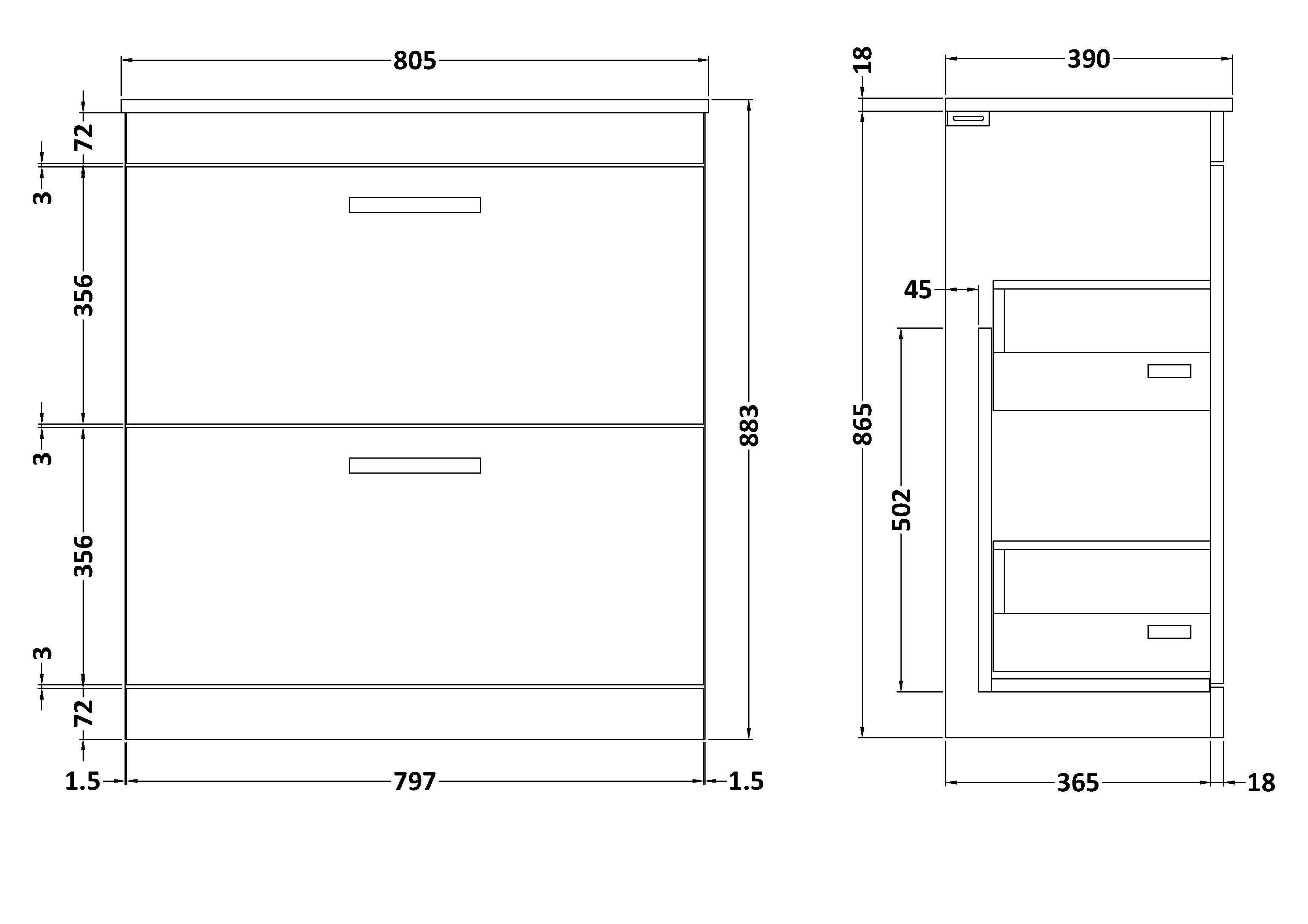  Turin 800mm Hale Black Floor Standing Worktop Vanity Unit - 2 Drawer with Brushed Brass Handle