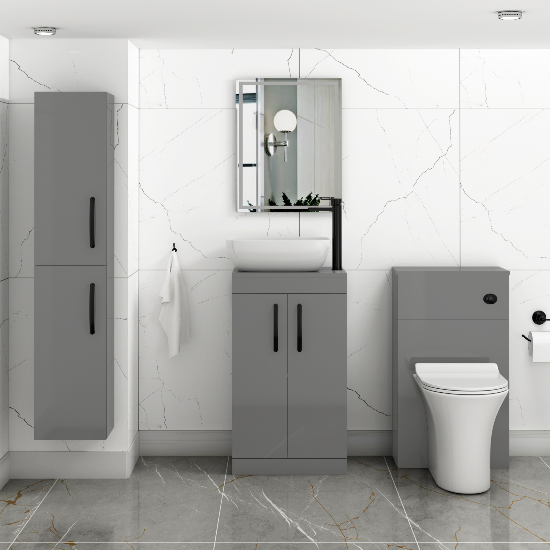 500mm Floor Standing Vanity Unit 2 Door Indigo Grey Gloss & Countertop Basin - Elva with Matt Black Handle