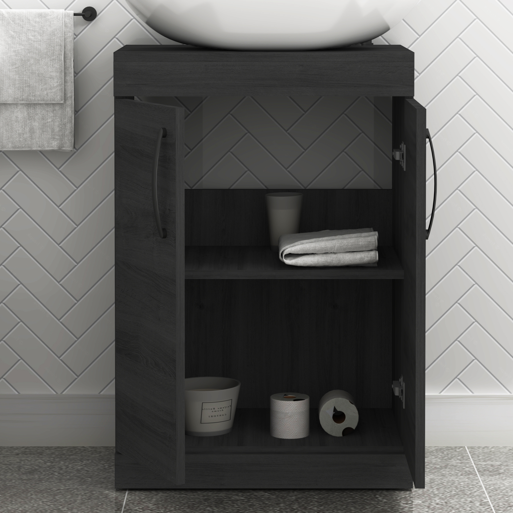 500mm Floor Standing Vanity Unit 2 Door Hale Black & Countertop Basin - Elva with Matt Black Handle
