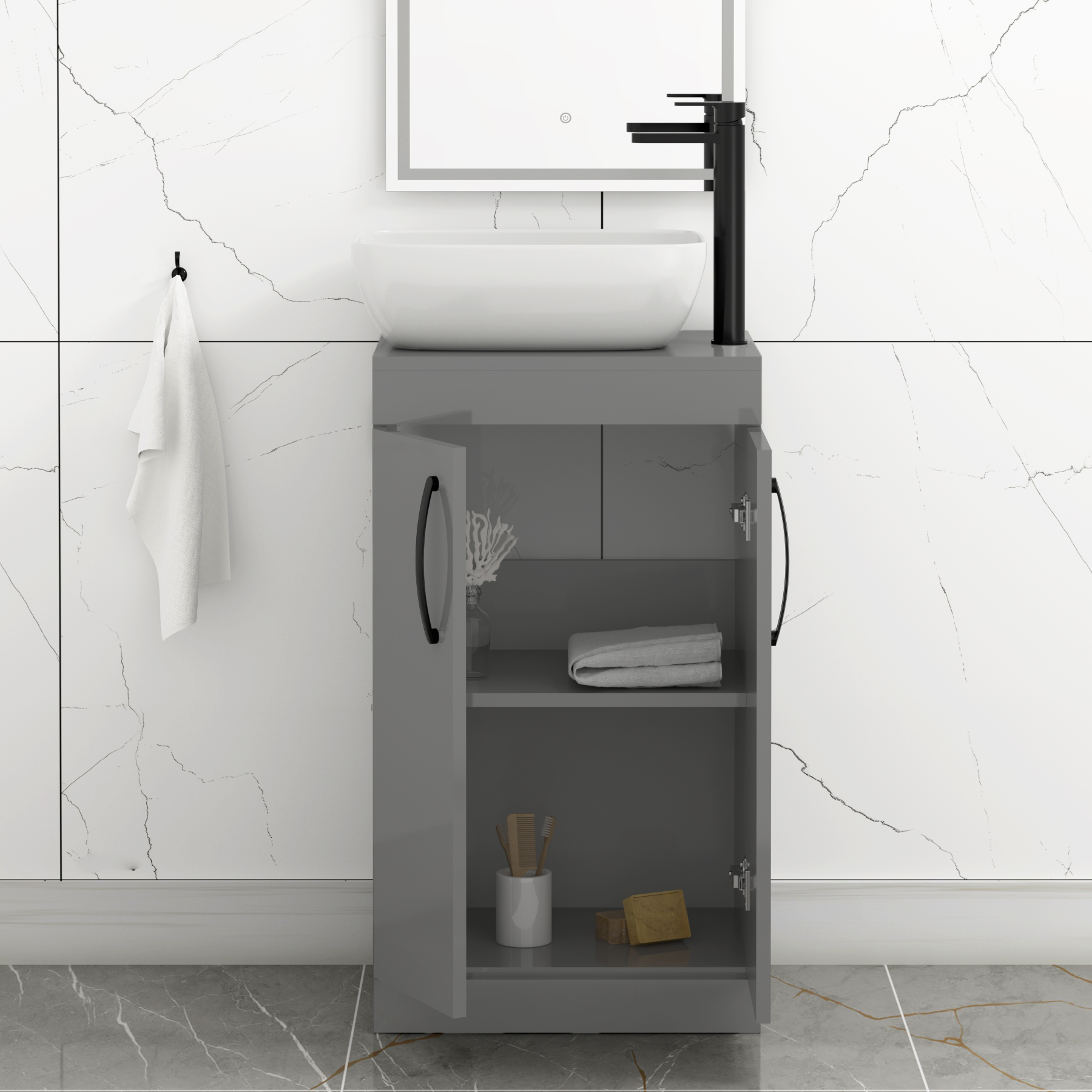 500mm Floor Standing Vanity Unit 2 Door Indigo Grey Gloss & Countertop Basin - Elva with Matt Black Handle