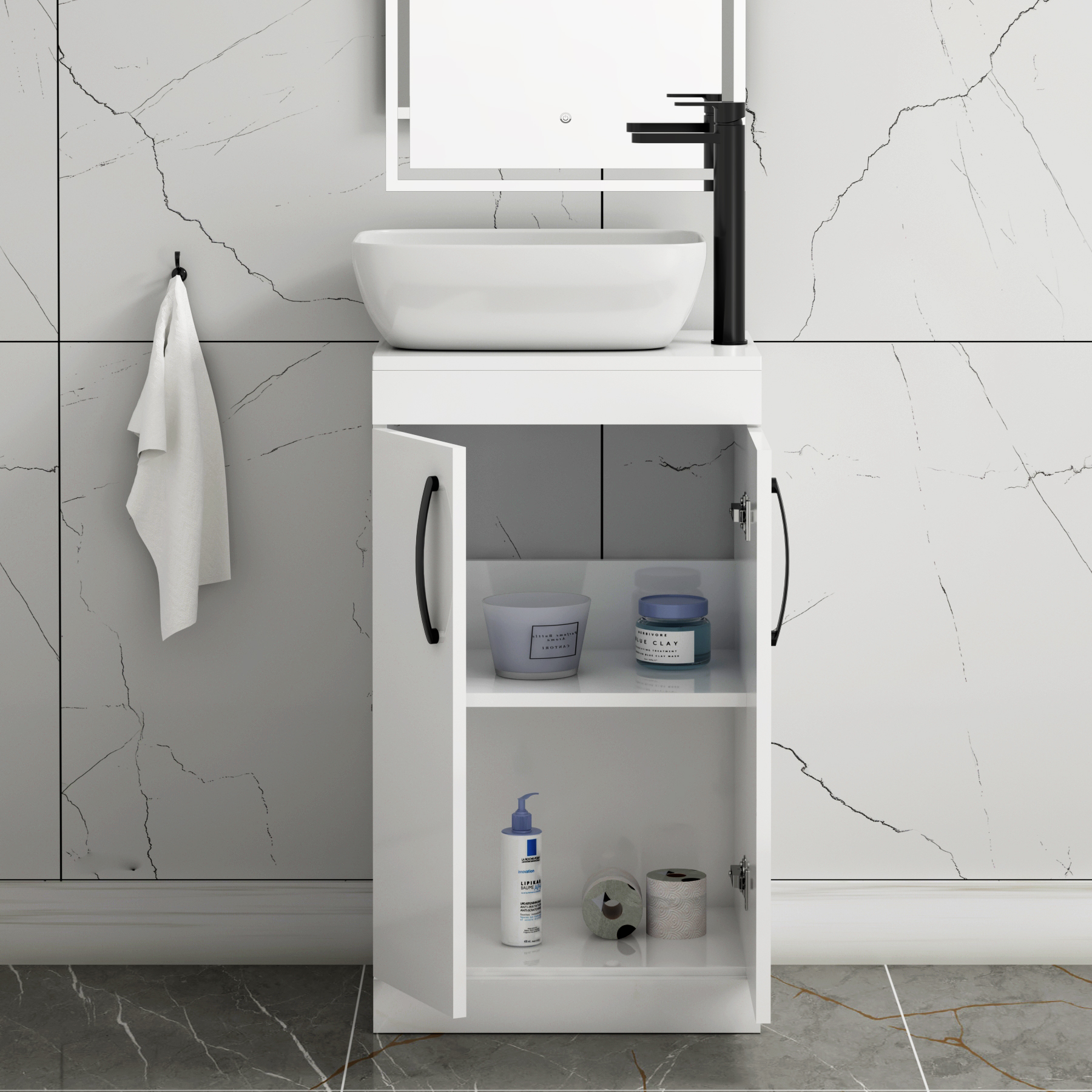 500mm Floor Standing Vanity Unit 2 Door Gloss White & Countertop Basin - Elva with Matt Black Handle