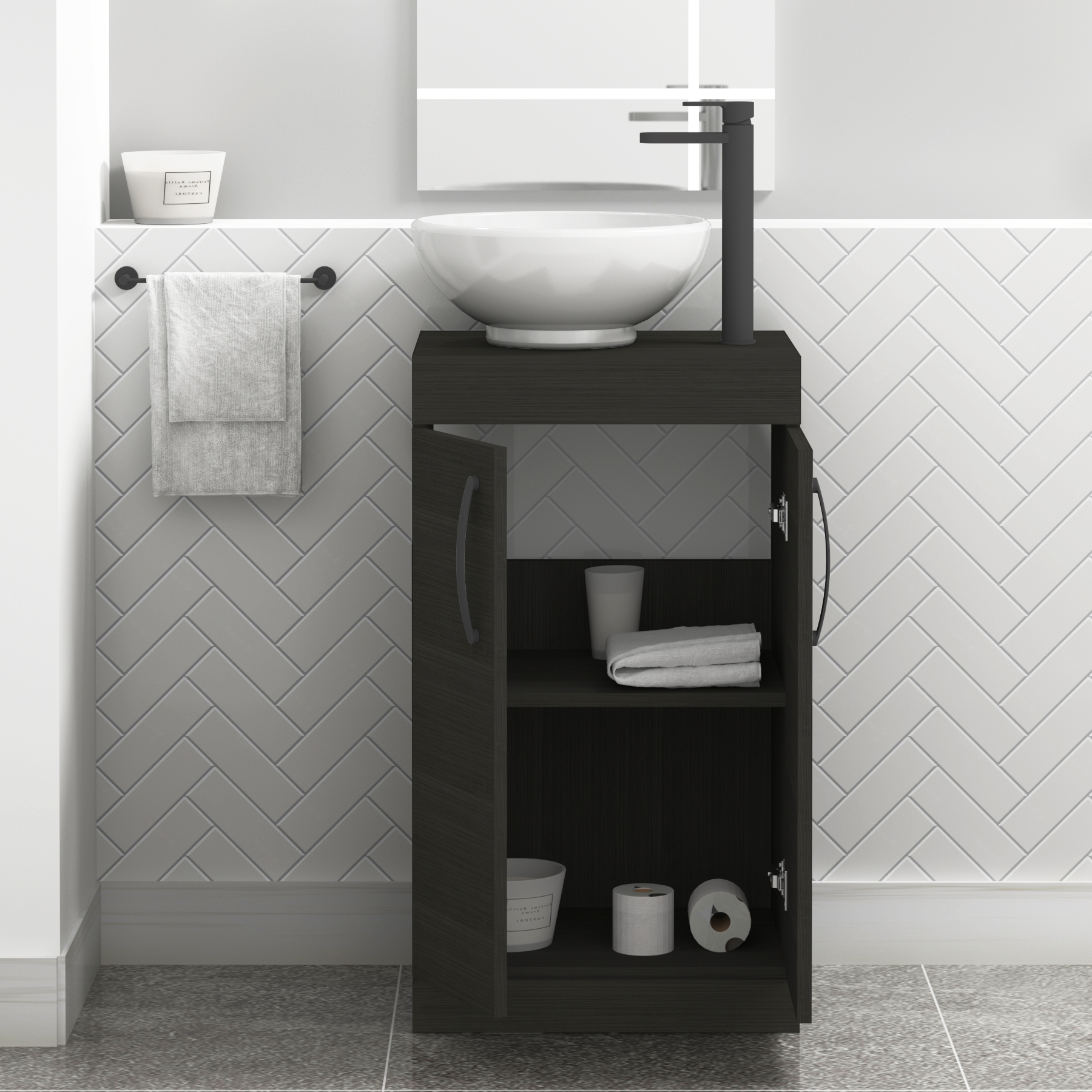 500mm Floor Standing Vanity Unit 2 Door Hale Black & Countertop Basin - Breeze with Matt Black Handle