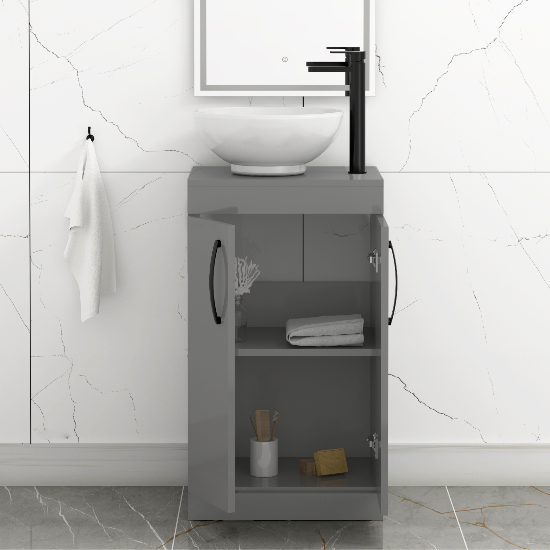 500mm Floor Standing Vanity Unit 2 Door Indigo Grey Gloss & Countertop Basin - Breeze with Matt Black Handle